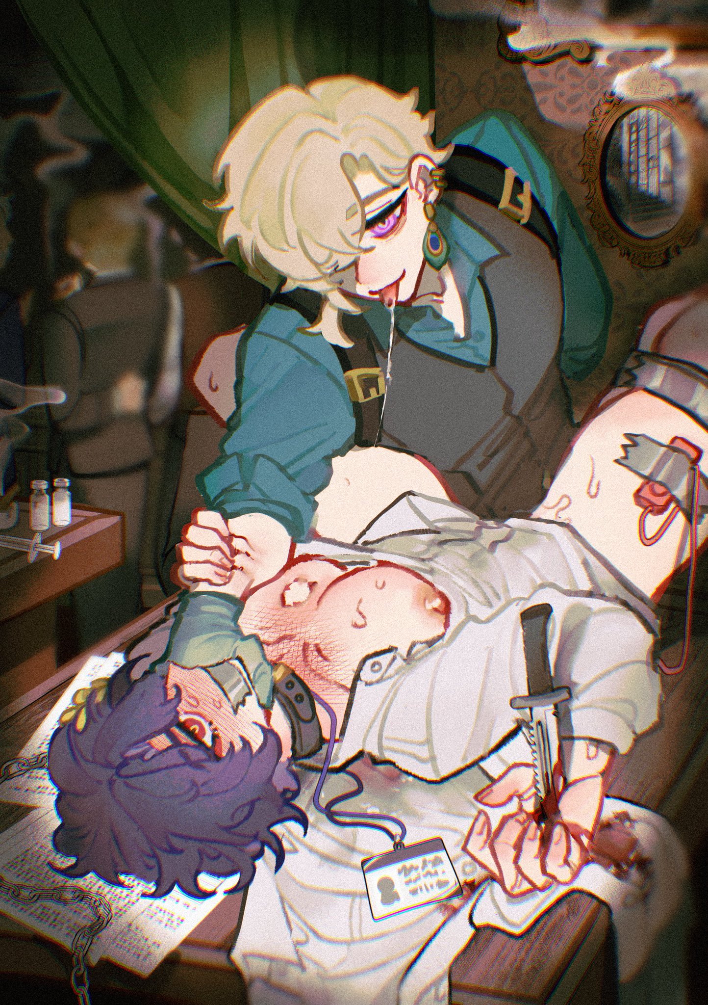 aventurine (honkai: star rail), background character, bite, bite mark, blackmieu, blood, blush, collar, dr. ratio (honkai: star rail), dubious consent, gay, honkai (series), honkai: star rail, id badge, id card, knife, knife in hand, knife play, male, saliva, saliva trail, smoke, smoking, syringe, tagme, tape, tape gag, vibrator, yaoi
