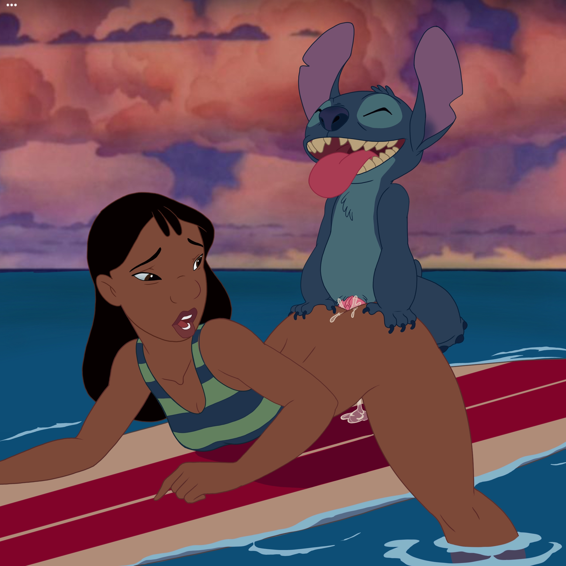 2d, 2d (artwork), accurate art style, artist request, ass, beach, bikini, bottomless, cum in ass, female, feral on female, full color, furry, lilo and stitch, nani pelekai, stitch, stitch (lilo and stitch)
