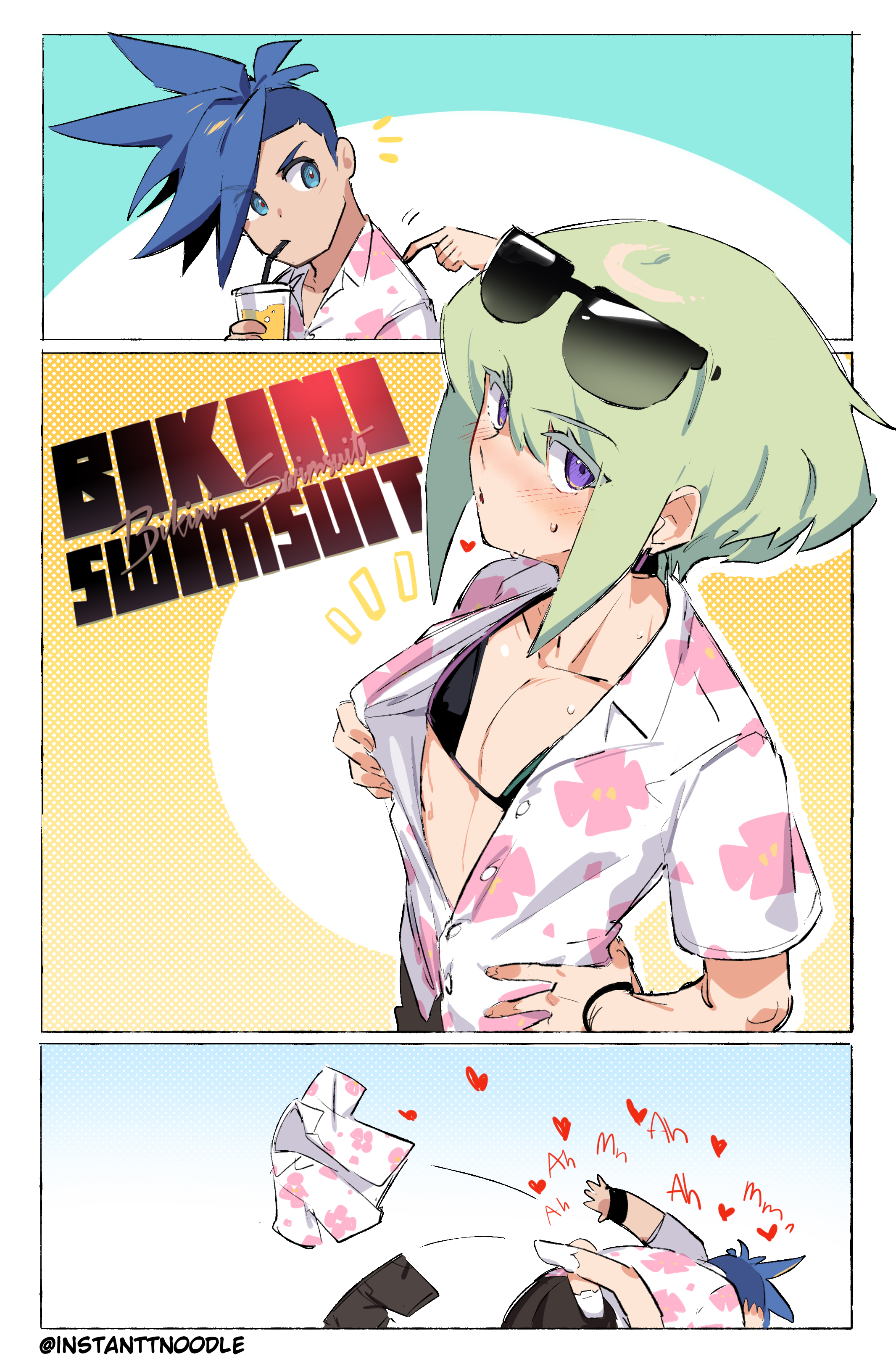 androgynous, bikini, clothing, comic, crossdressing, femboy, galo thymos, instanttnoodle, lio fotia, male, open shirt, promare, suggestive, twink, yaoi