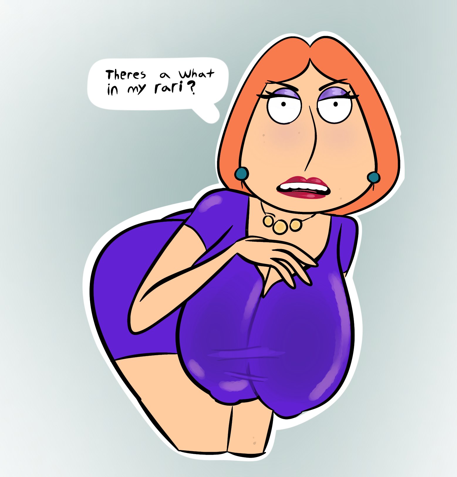 2024, big breasts, breasts, family guy, female, gigantic breasts, gold jewelry, huge breasts, large breasts, light skin, light-skinned female, lois griffin, make up, makeup, meme, meme reference, necklace, orange hair, purple dress, purple eyelids, purple eyeshadow, red lips, red lipstick, teeth, tight clothing, whimbly