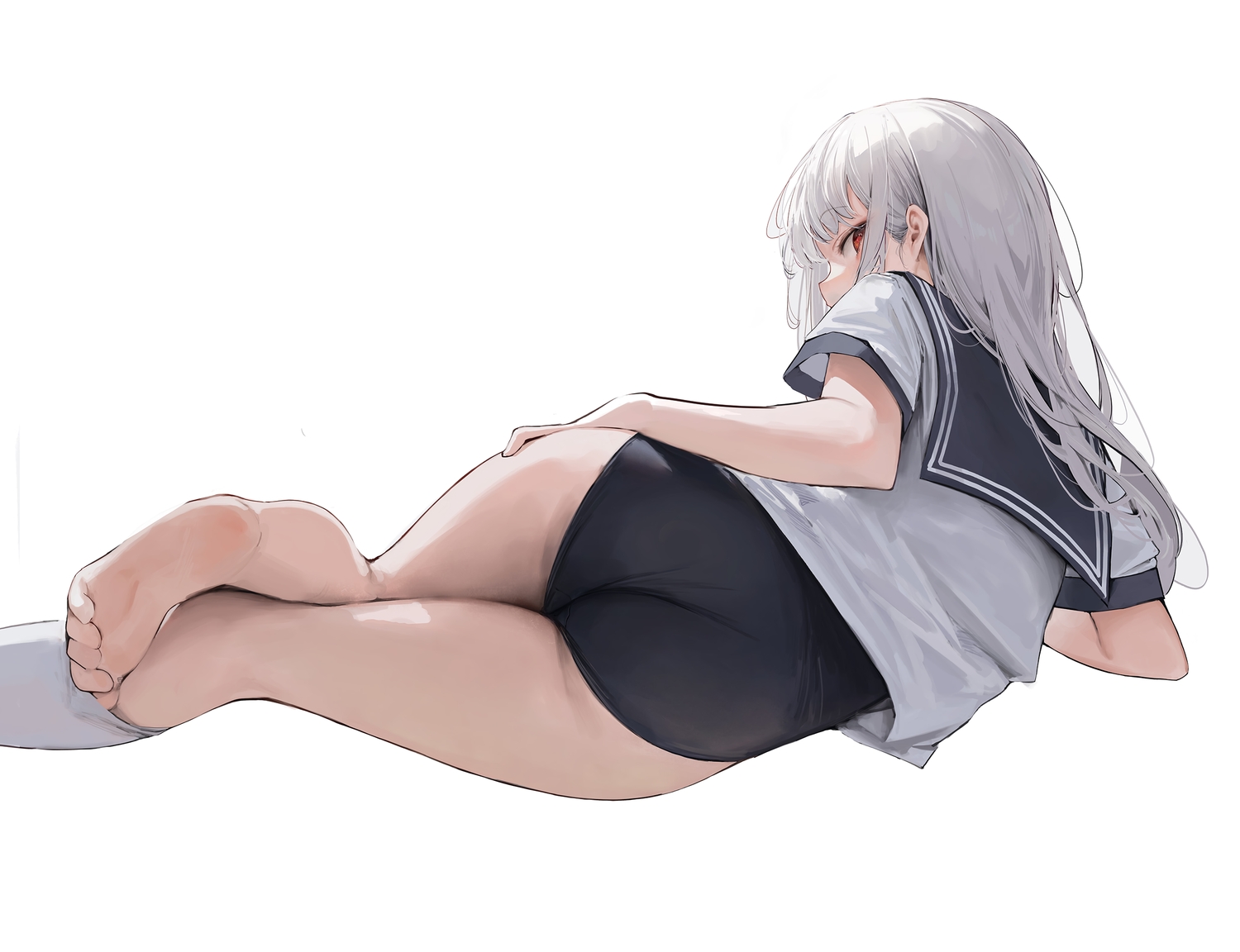 ass, grey hair, kneehighs, leviathan (hikinito0902), long hair, oc, original, red eyes, school swimsuit, school uniform, socks, swimsuit, teasing