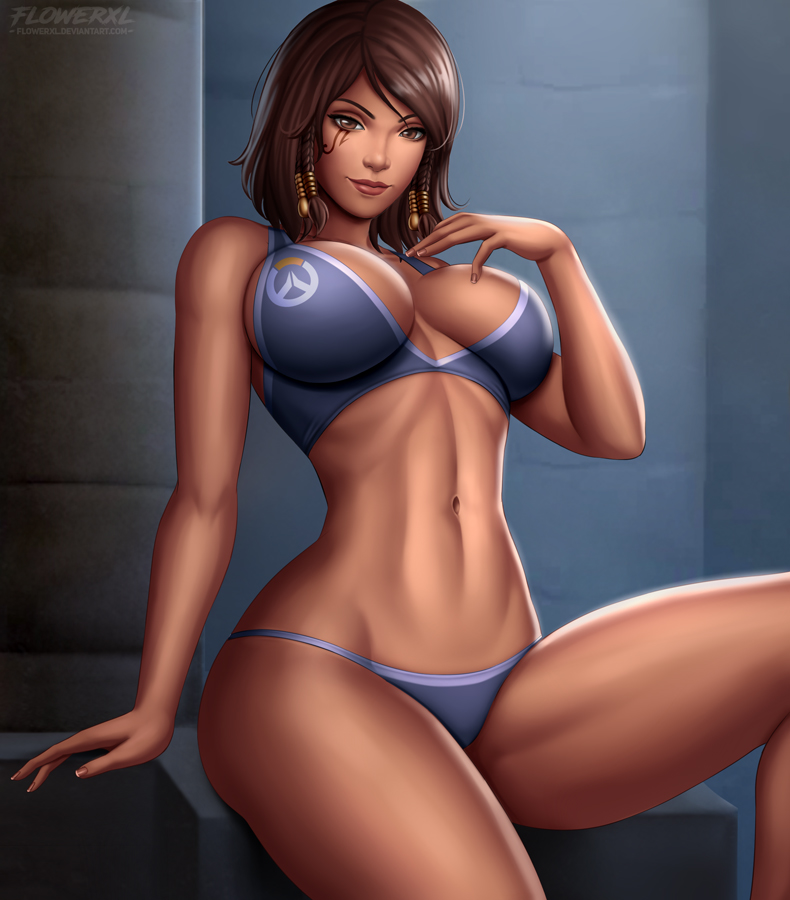 1girls, abs, big breasts, bikini, breasts, cleavage, dark skin, dark-skinned female, female, female only, flowerxl, large breasts, looking at viewer, overwatch, pharah, pinup, solo