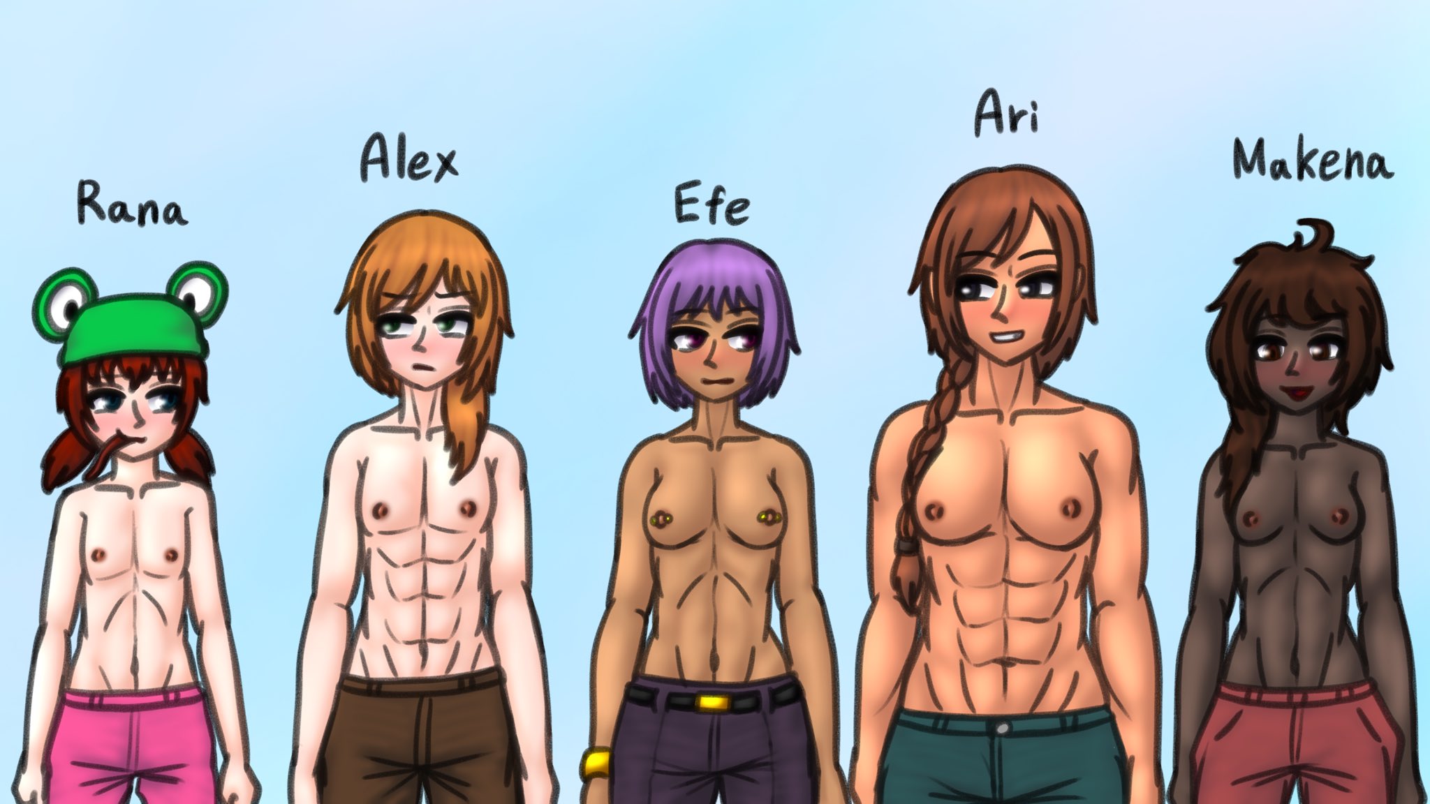 5girls, abs, alex (minecraft), ari (minecraft), breasts, casual topless, dark skin, dark-skinned female, efe (minecraft), female, fit, fit female, flat chest, flat chested, kakutkmds, makena (minecraft), microsoft, minecraft, mojang, muscular, muscular female, nipples, pierced nipples, piercing, purple hair, rana (minecraft), red hair, short hair, standing, sweat, tagme, topless, video game character, video game franchise, video games