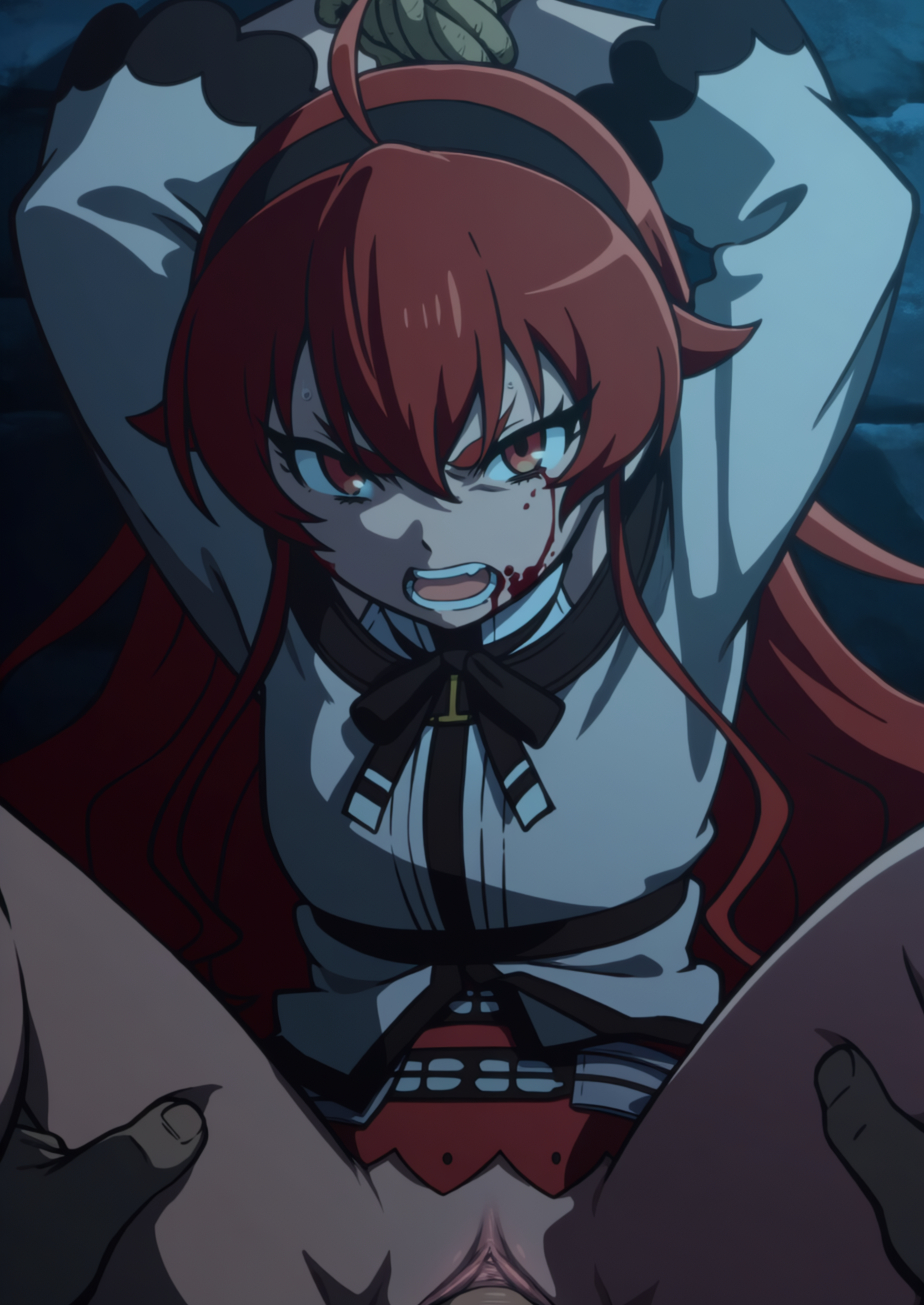 1boy, 1girls, ahoge, ai generated, angry, arms up, black hairband, blood, bondage, bound, bound wrists, clitoral hood, clitoris, defloration, eris greyrat, female, fluffyhairenjoyer, glaring, hairband, long hair, looking at viewer, male, mushoku tensei, novelai, open mouth, penis, pov, pussy, rape, red eyes, red hair, restrained, rope, ryona, sex, solo focus, spread legs, straight, uncensored, vaginal penetration