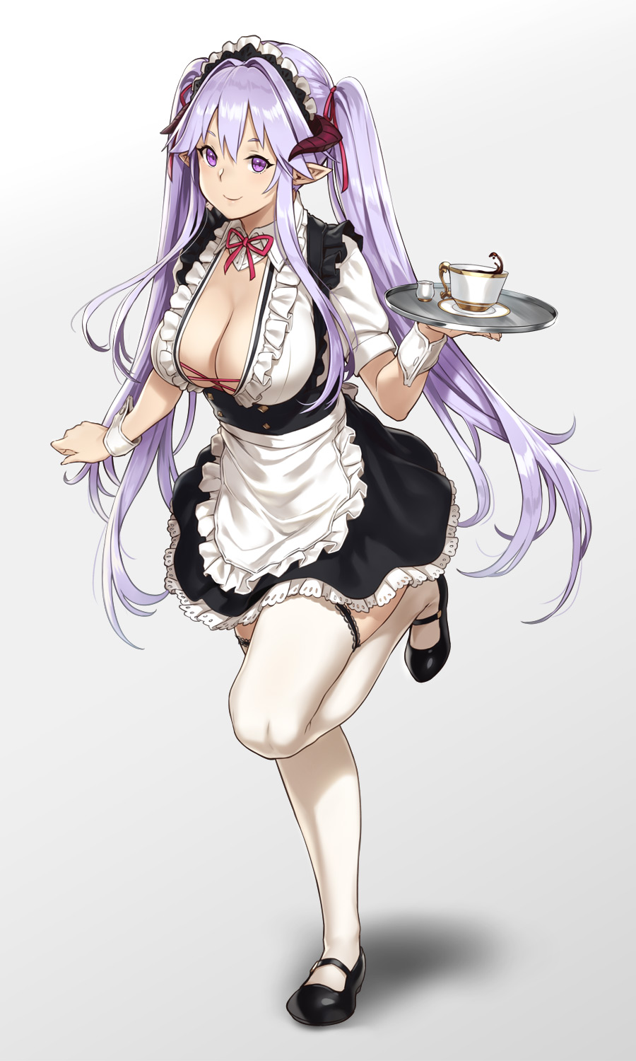 apron, breasts, cleavage, detached collar, female, female only, frills, full body, hair ribbon, holding, horns, houtengeki, lace, large breasts, long hair, maid, maid headdress, mary janes, miniskirt, original, pointy ears, purple eyes, purple hair, ribbon, shoes, simple background, skirt, smile, solo, standing, thighhighs, tray, twintails, underbust, very long hair, waist apron, white background, white legwear, wrist cuffs, zettai ryouiki
