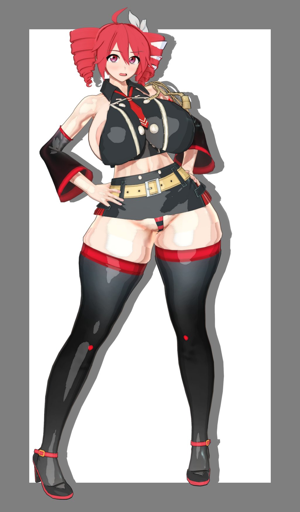 1girls, 3d, ahoge, areola slip, areolae, big breasts, breasts, clothed, clothed female, clothing, crop top, cropped jacket, curvaceous, curvy, curvy female, curvy figure, detached sleeves, exposed belly, female, female only, gigantic breasts, hair ornament, hairbow, heel boots, heels, huge breasts, huge thighs, idohori people, ineffective skirt, kasane teto, kasane teto (sv), large breasts, latex, latex legwear, massive breasts, microskirt, miniskirt, navel, open mouth, panties, red eyes, red hair, revealing clothes, simple background, skindentation, skirt, solo, solo female, striped panties, synthesizer v, thick thighs, thighhighs, thighs, twin drills, utau, voluptuous, voluptuous female, white background, wide hips