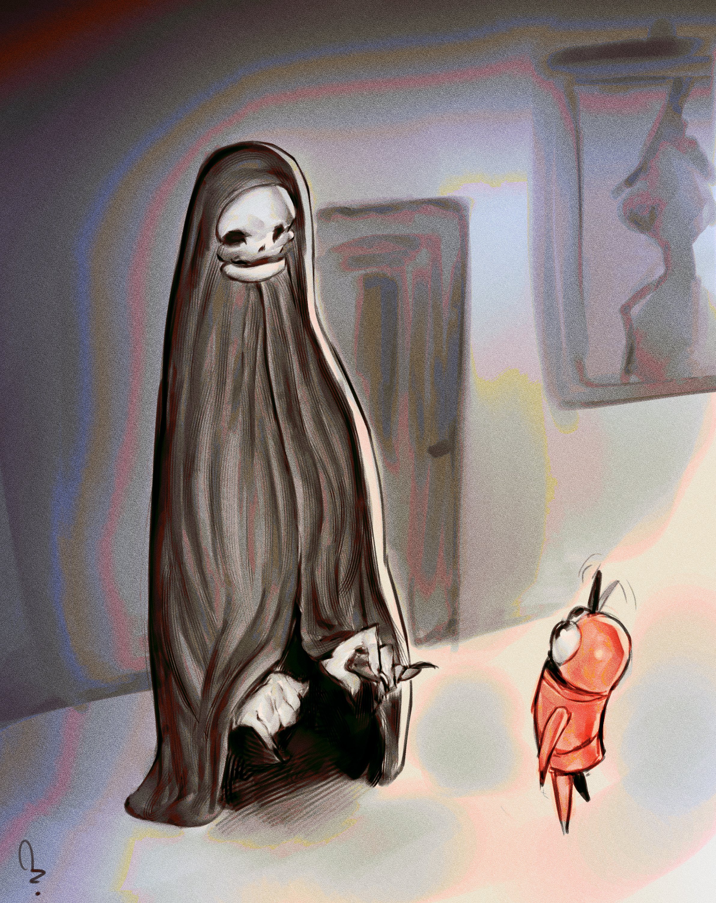 2025, alternate version at source, alternate version available, ambiguous gender, artist name, artist signature, door, extinctyellow, looking at another, monochrome background, monster, r.e.p.o., robe, robe (r.e.p.o.), robot, semibot, semiwork, size difference, sketch, skull mask