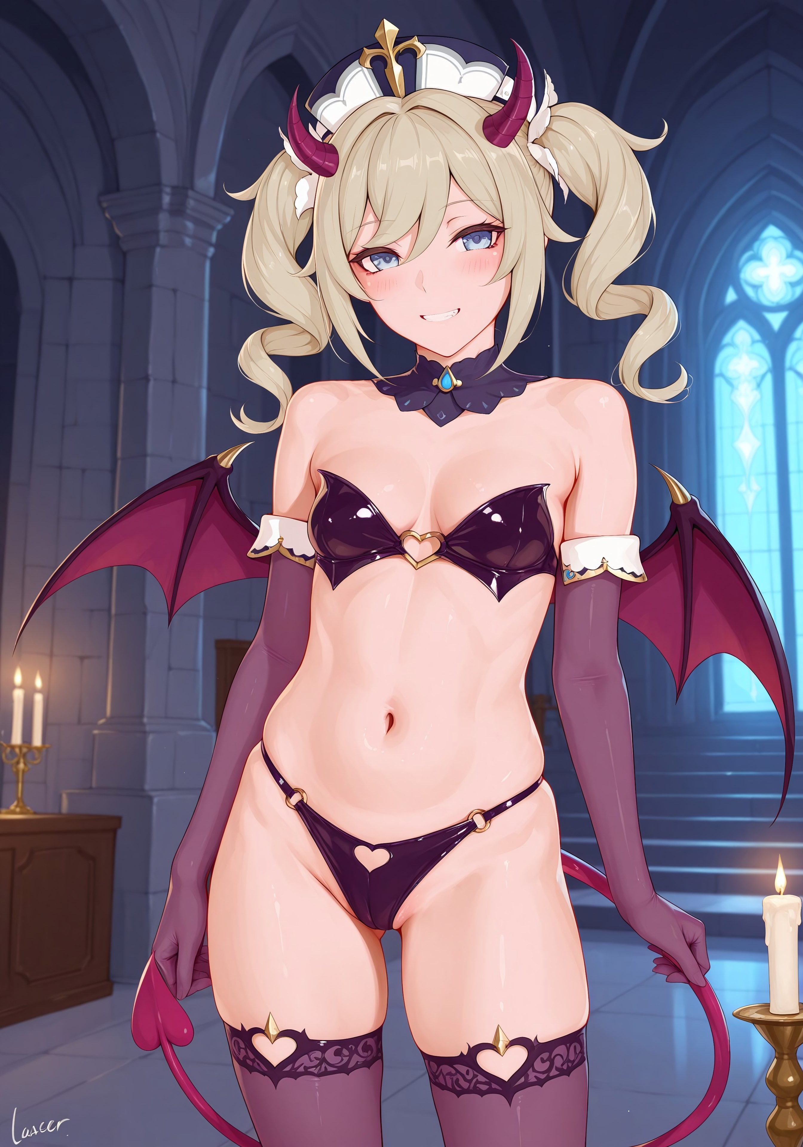 2d, ai generated, anime, barbara (genshin impact), blonde female, blush, breasts, cute, demon, female, galaktika73, genshin impact, long hair, looking at viewer, perfect body, perfect legs, small breasts, smile, standing, style parody, succubus, succubus costume, succubus horns, succubus tail