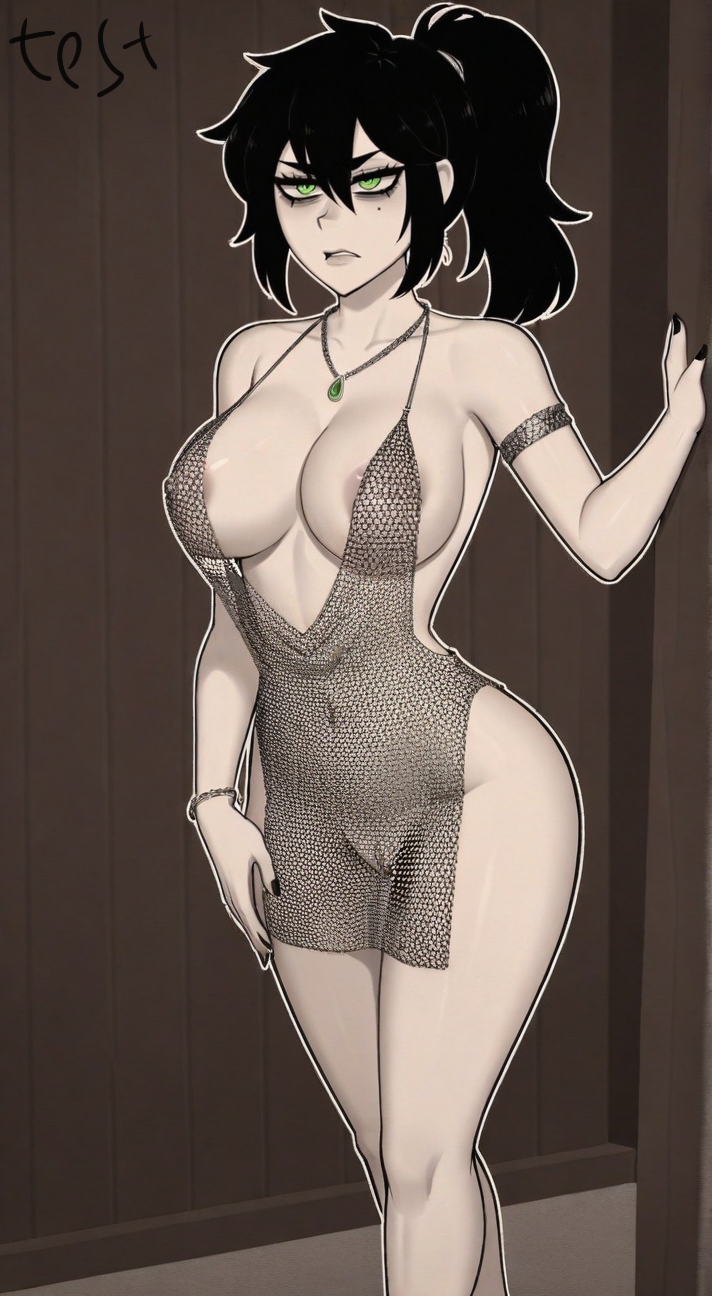 ai assisted, ai generated, armlet, backless outfit, bare legs, bare shoulders, black hair, black nails, bracelet, female, green eyes, mesh clothing, milf, monochrome, necklace, renee graves, reneenjoyer, silver dress, the coffin of andy and leyley