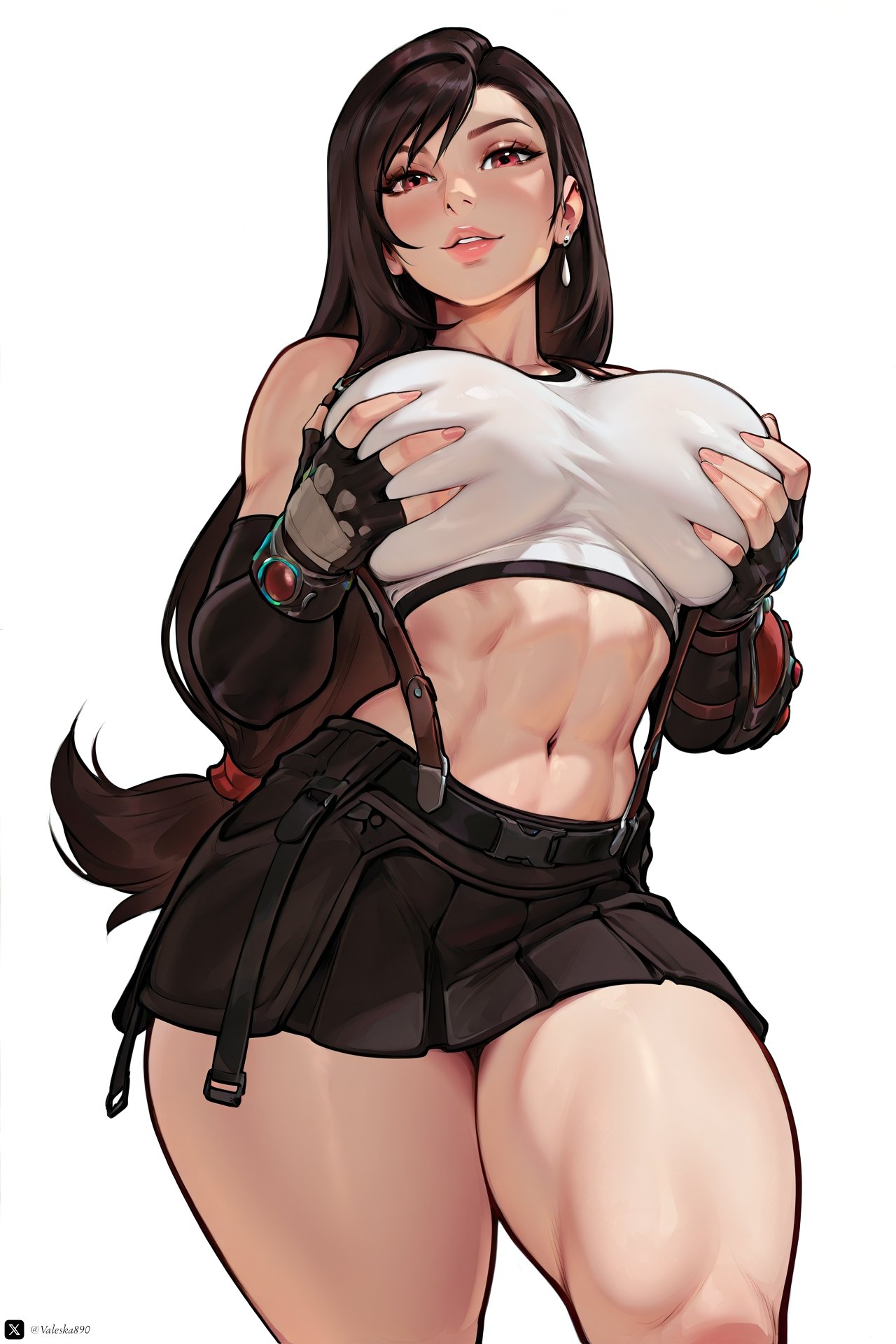 ai generated, asian, asian bimbo, asian female, big breasts, black skirt, breasts, clothing, female, final fantasy, final fantasy vii, grabbing own breast, large breasts, looking at viewer, paag, tagme, thick thighs, tifa lockhart