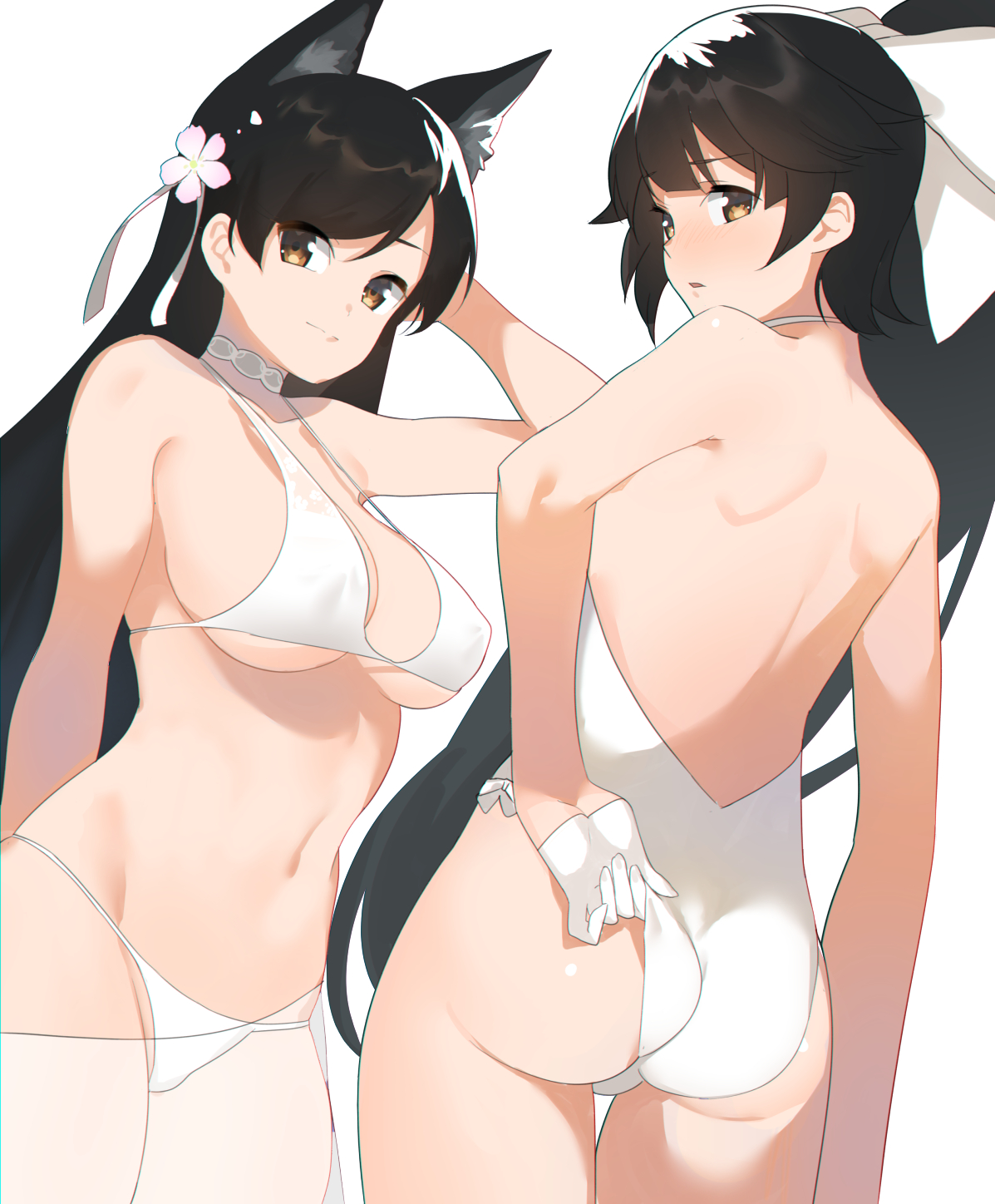 2girls, adjusting swimsuit, animal ears, ass, atago (azur lane), azur lane, bikini, black hair, breasts, cleavage, curvy, erect nipples, female, gloves, hair flower, hair ornament, hair ribbon, huge breasts, large ass, long hair, nipple bulge, nipples, orange eyes, panties, see-through, see-through swimsuit, swimsuit, tagme, takao (azur lane), very long hair