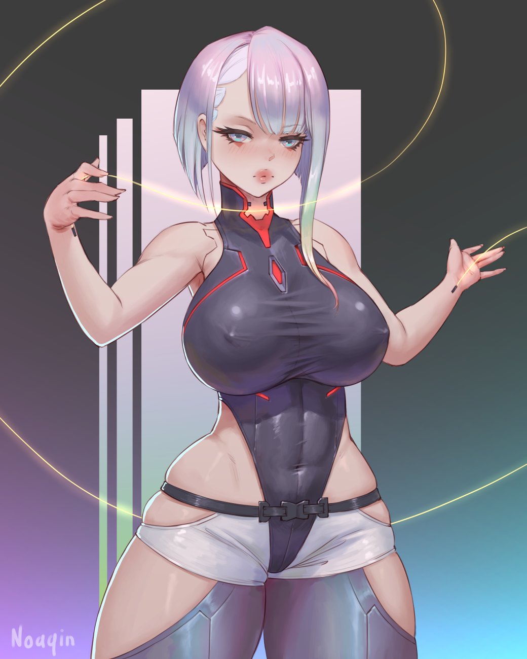 1girls, abs, athletic, athletic female, big breasts, big thighs, bodysuit, breasts, cyberpunk 2077, cyberpunk: edgerunners, female, lucyna kushinada, nipple bulge, noaqin, thighs, tomboyish, toned, toned abs, toned female, visible abs