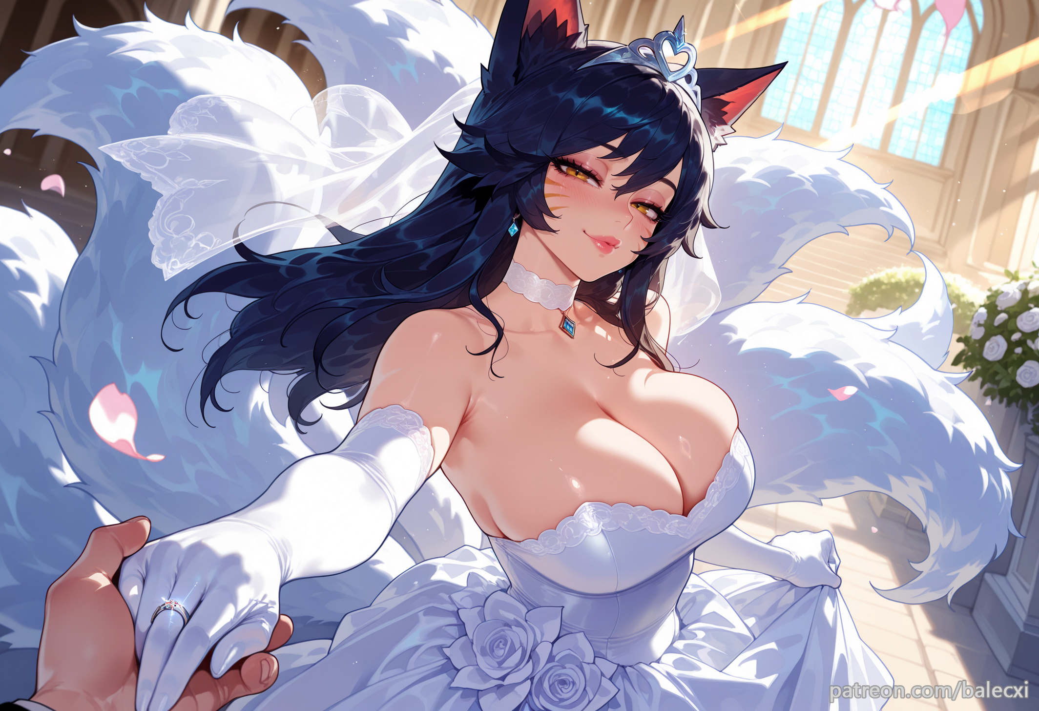 1boy, ahri, ahri (league of legends), ai generated, animal ears, balecxi, bare shoulders, black hair, breasts, bridal veil, bride, cleavage, elbow gloves, facial mark, female, fox ears, fox girl, fox tail, glint, holding hands, indoors, jewelry, large breasts, league of legends, long hair, looking at viewer, male, multi tail, ornate ring, petals, pov, riot games, smile, solo focus, strapless, strapless dress, tiara, wedding dress, wedding ring, whisker markings, white choker, white dress, white flower, white gloves, white rose