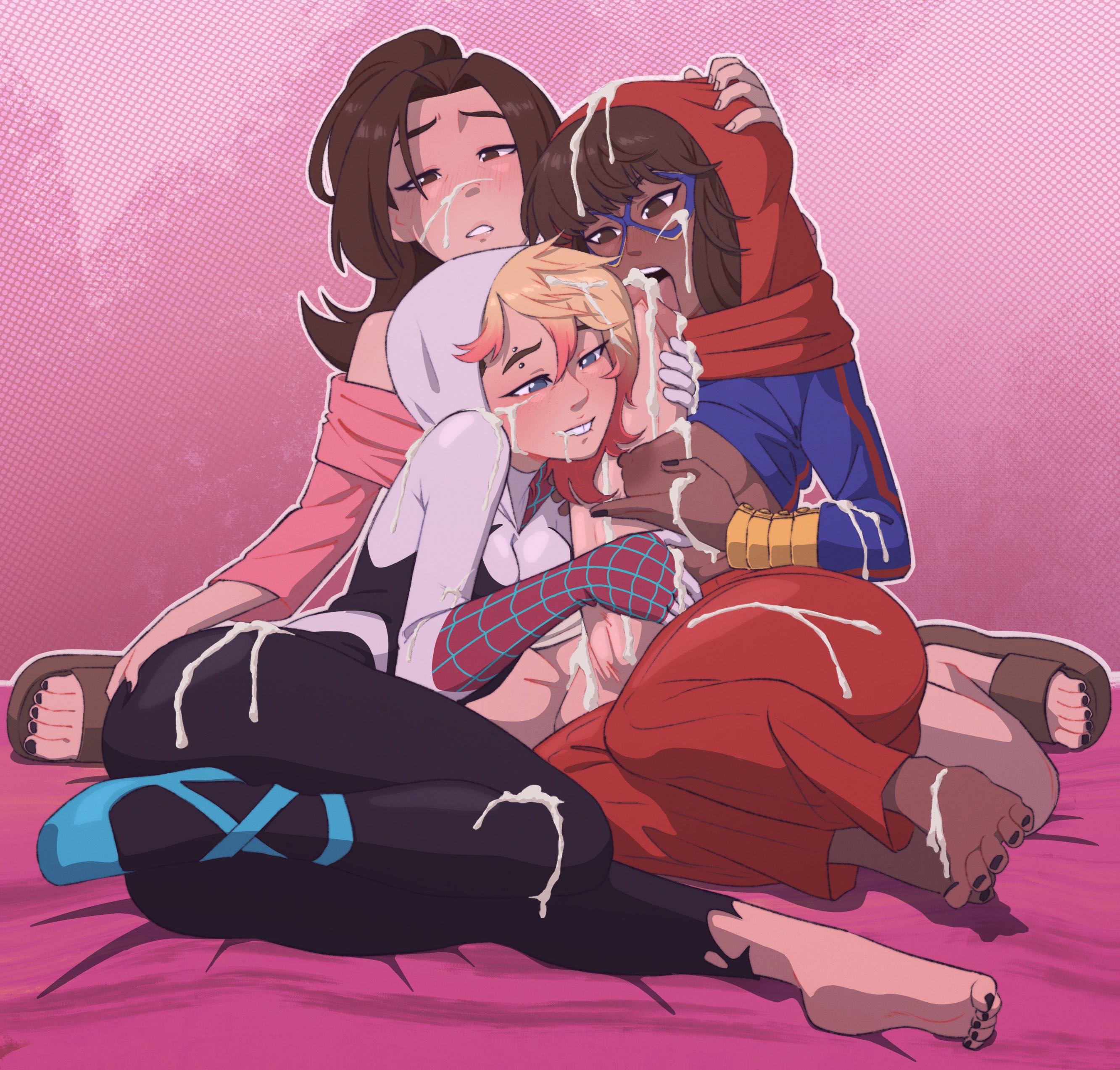 1futa, 2girls, ass, ass focus, ass grab, blonde female, blonde hair, blush, blushing, boobjob, breast grab, breasts, breasts out, buckteeth, collaborative fellatio, cum, cum drip, cum in mouth, cum on body, cum on face, dark skin, dark-skinned female, feet, female, futa on female, futanari, giant penis, gwen stacy, gwen stacy (spider-verse), handjob, interracial, intersex, kamala khan, kitty pryde, licking, licking penis, licking tip, light skin, light-skinned female, light-skinned futa, marvel, marvel comics, mostly clothed, ms. marvel, nail polish, painted nails, paizuri, penis, pent up, pinksaber, shadowcat, small breasts, spider-gwen, superhero costume, superheroine, thick ass, thick thighs, threesome, throbbing penis