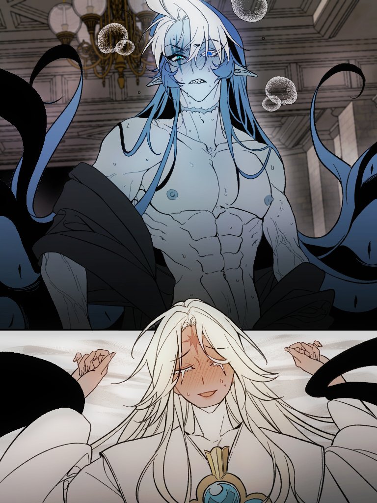 2boys, abs, athletic male, awakened pure vanilla cookie, bangs, blue hair, blue skin, blushing, chandelier, closed eyes, comic, cookie run, cookie run kingdom, elf ears, feminine male, happydang 4553, indoors, long hair, male, male only, multicolored hair, multiple males, muscular, muscular male, narrow waist, nipples, pecs, pectorals, pointy ears, pure vanilla cookie, scar, scar across eye, scar on neck, shadow milk cookie, sharp teeth, skinny, sweat, thin waist, veiny arms, white hair, yaoi