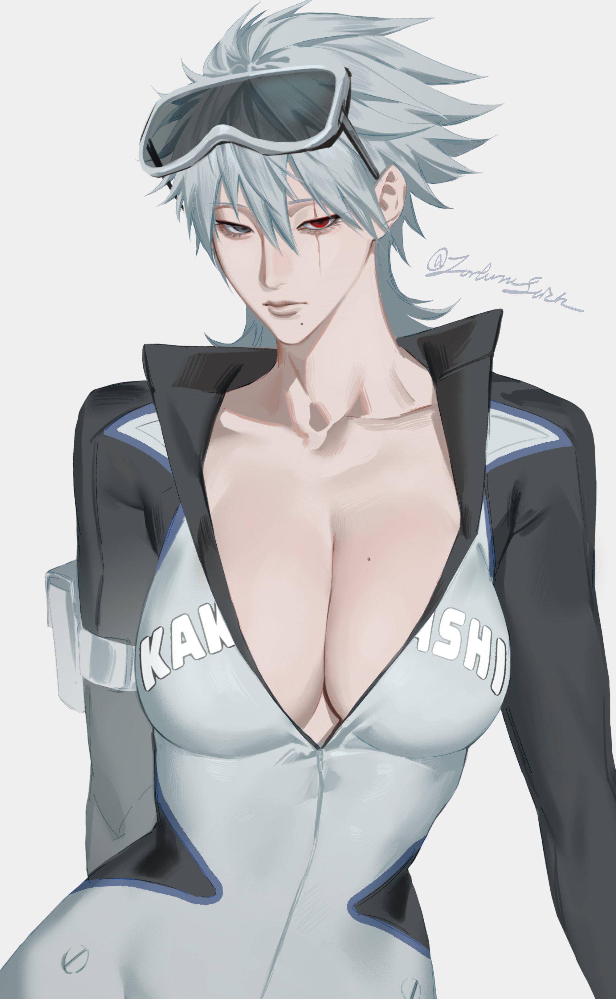 1girls, armwear, beauty mark, beauty mark on breasts, big breasts, black eyes, bodysuit, boobs bigger than head, boruto: naruto next generations, breasts, breasts bigger than head, breasts out, busty, cleavage, eluspac maru, exposed breasts, female, female focus, female only, gender transformation, genderswap, genderswap (mtf), goggles, goggles on head, grey hair, hatake kakashi, hi res, high resolution, highres, hips, hourglass figure, jacket, kakashi hatake, large breasts, light skin, light-skinned female, looking at viewer, mature, mature female, medium hair, milf, naruto, naruto (classic), naruto (series), naruto shippuden, naruto: the last, no bra, pale skin, pale-skinned female, pinup, pose, posing, presenting breasts, racing suit, red eyes, rule 63, scar, sharingan, shonen jump, shoulder length hair, shounen jump, shueisha, silver hair, solo, solo female, solo focus, spiky hair, standing, tight clothing, tomboy, transformation, very high resolution, voluptuous, voluptuous female, weekly shonen jump, weekly shounen jump, wide hips