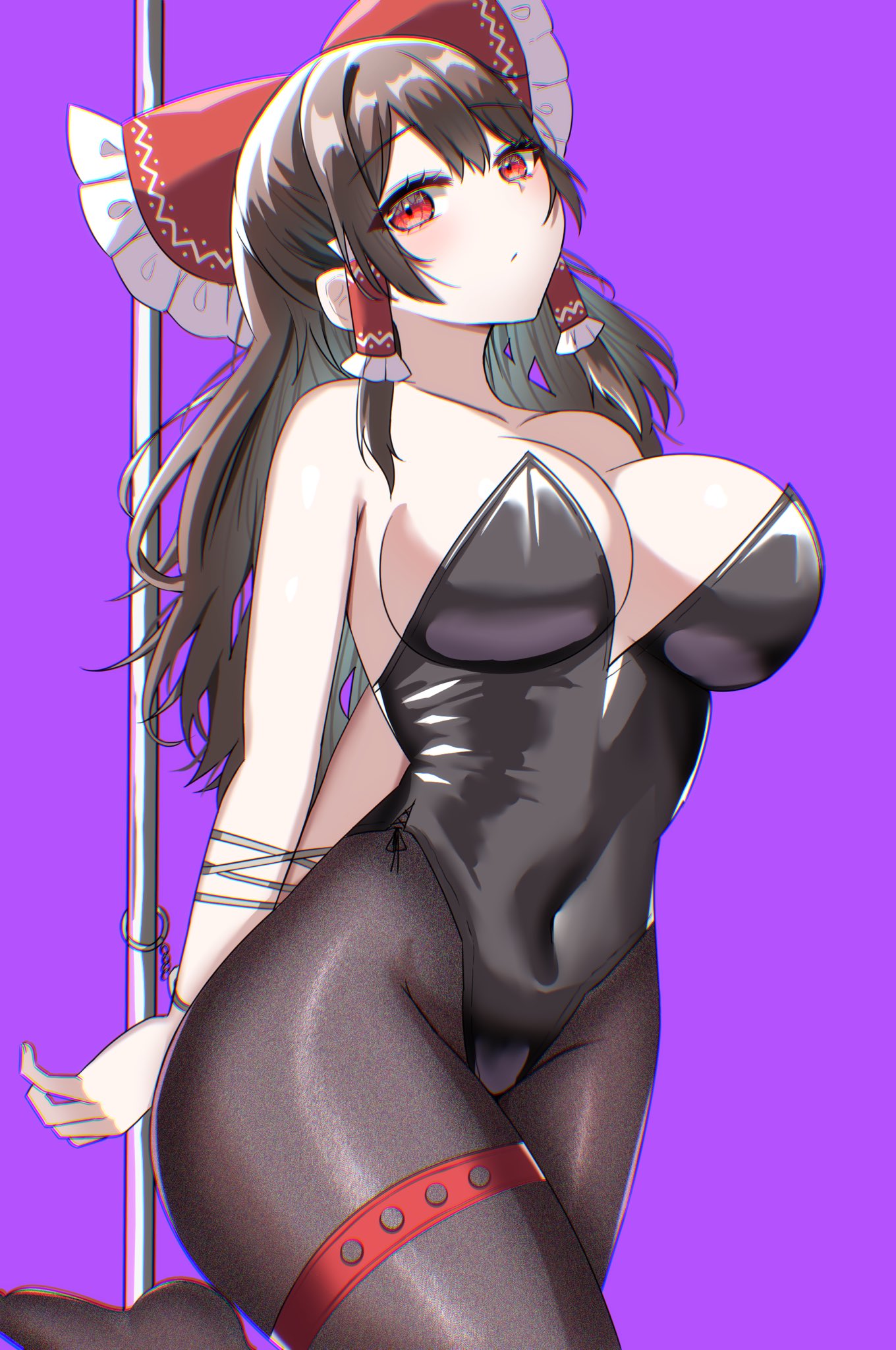 1girls, big breasts, big ribbon, black bunnysuit, black hair, breasts, bunnysuit, exposed breasts, female, kiui (dagk8254), pantyhose, pole, pole dancing, red eyes, red ribbon, reimu hakurei, ribbon, touhou, touhou project