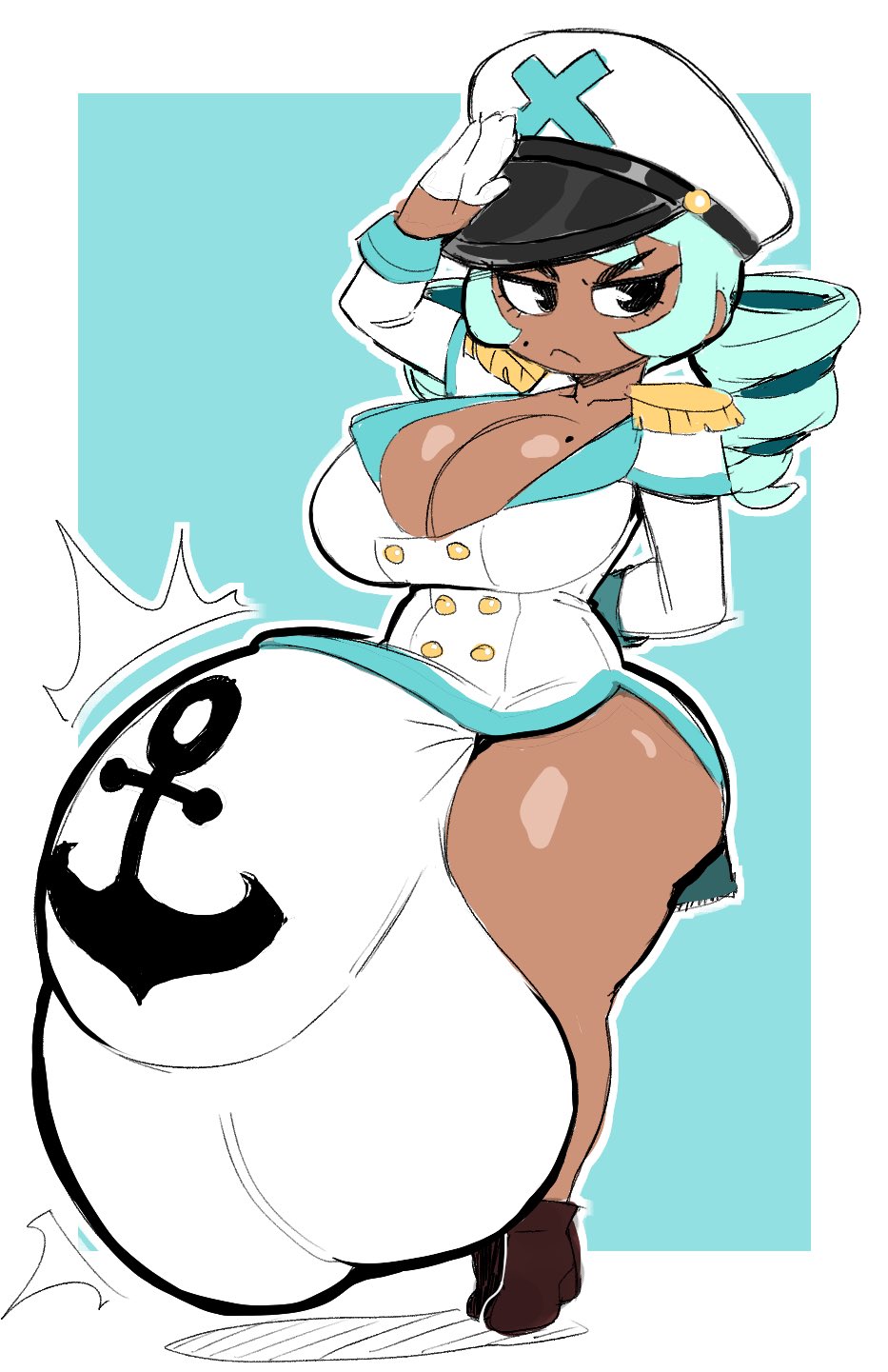 1futa, angstrom, ass, balls, big ass, big balls, big breasts, big penis, blue hair, breasts, brown skin, bulge, captain sarah, cleavage, drill hair, futa doing nothing, futanari, huge balls, huge cock, hyper balls, hyper bulge, hyper futa, hyper penis, intersex, mole, mole above mouth, mole on breast, navy, navy uniform, original character, panties, penis, salute, shortstack, solo, thick thighs, twin drills, twintails, white underwear, white uniform