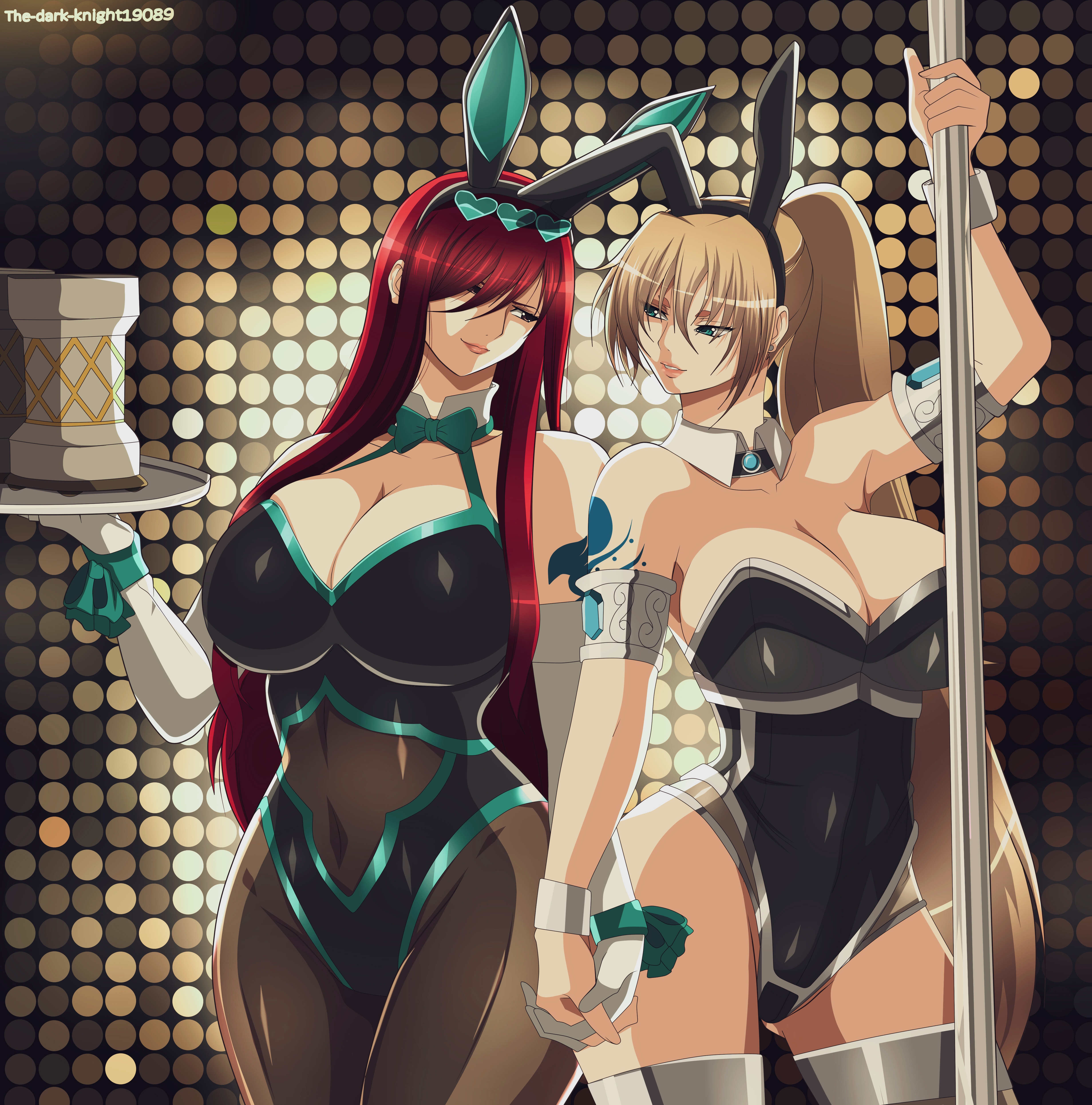 2girls, blonde hair, blue eyes, breasts, bunny ears, bunnysuit, cleavage, crane yuzuriha, crossover, duo, erza scarlet, fairy tail, female, female only, hand holding, huge breasts, ingridd88, large breasts, long hair, ponytail, saint seiya, saint seiya: the lost canvas, silver saints, thighhighs, wide hips