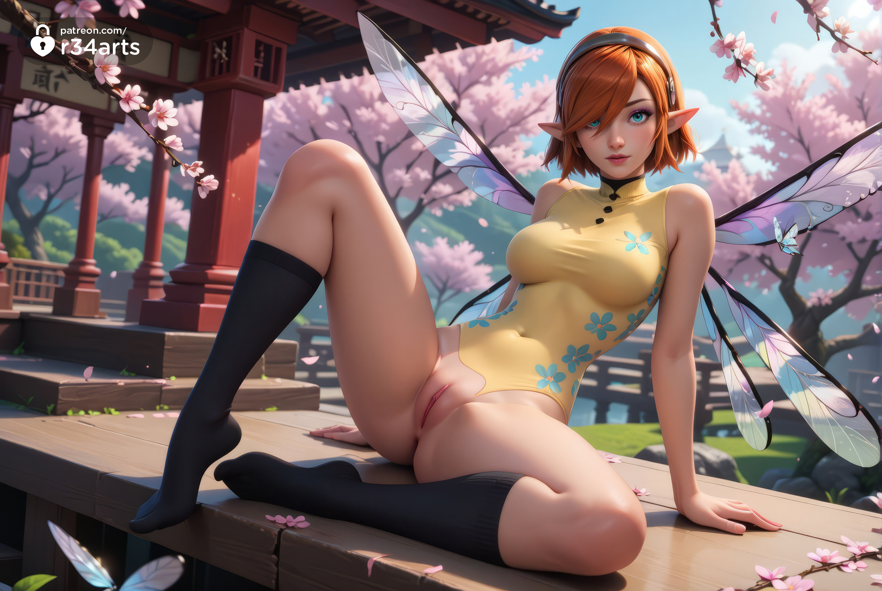 1girls, ai generated, anus, architecture, arm support, artist name, atlus, bare arms, bare shoulders, black socks, blue eyes, breasts, brown hair, bug, butterfly, cherry blossoms, closed mouth, covered navel, day, east asian architecture, fairy, fairy wings, feet, female, full body, gallica, hair between eyes, hair over one eye, hairband, hi res, highleg leotard, insect wings, knee up, kneehighs, legs, leotard, lips, looking at viewer, medium breasts, metaphor: refantazio, no shoes, nose, orange hair, outdoors, petals, pointy ears, pussy, r34arts, short hair, sitting, sky, sleeveless, socks, solo, spread legs, tree, uncensored, wings, yellow leotard