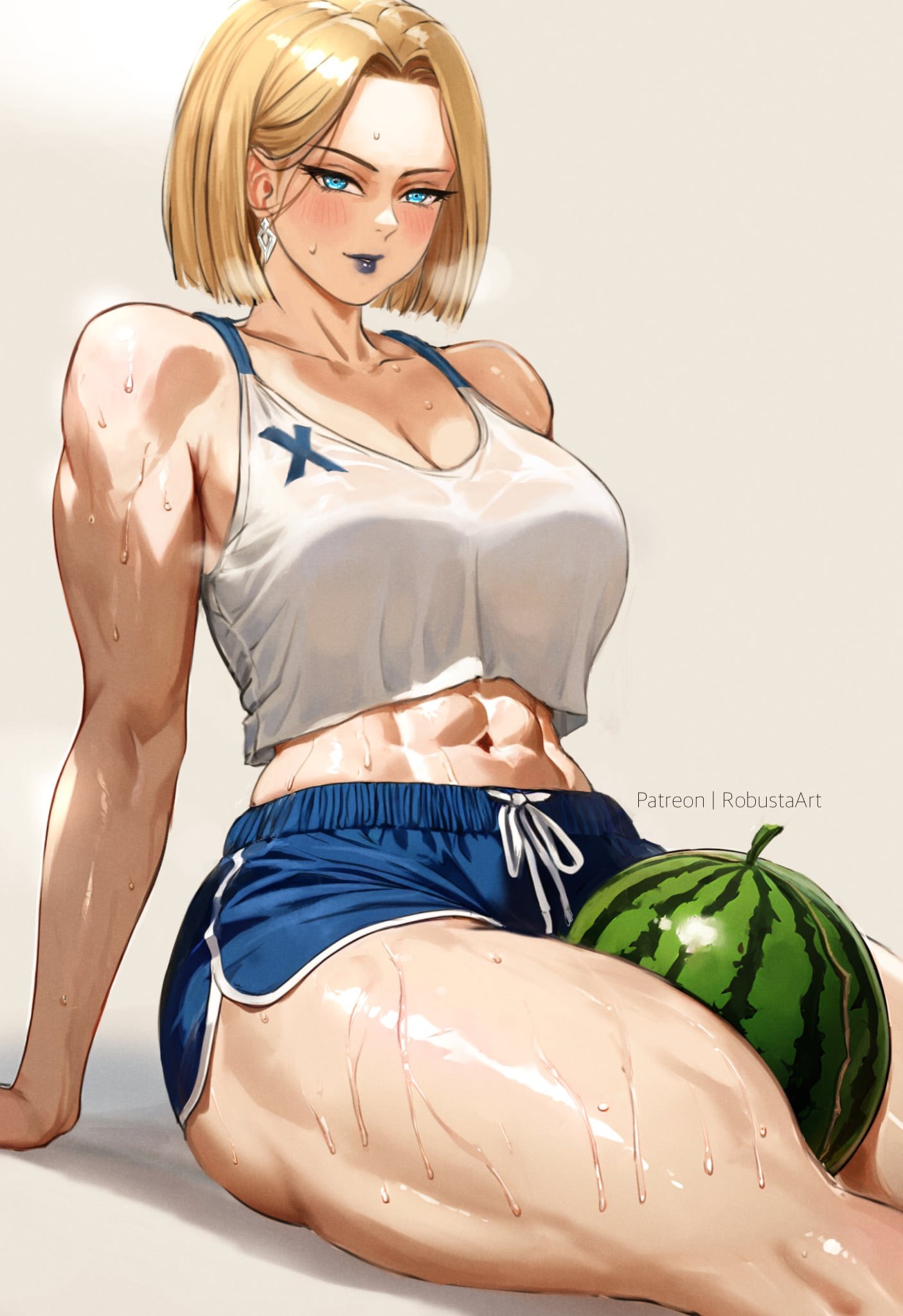 1girls, 2d, abs, ass, belly button, big ass, big breasts, blonde female, blonde hair, blue eyes, blue lipstick, bob cut, breasts, clothed, clothed female, emma frost, emma frost (marvel rivals), eyelashes, female, female only, hair behind ear, light skin, light-skinned female, looking at viewer, marvel, marvel comics, marvel rivals, medium hair, no bra, robustaart, slightly open mouth, sweat, sweating, thick legs, thick thighs, watermelon, watermelon crushing