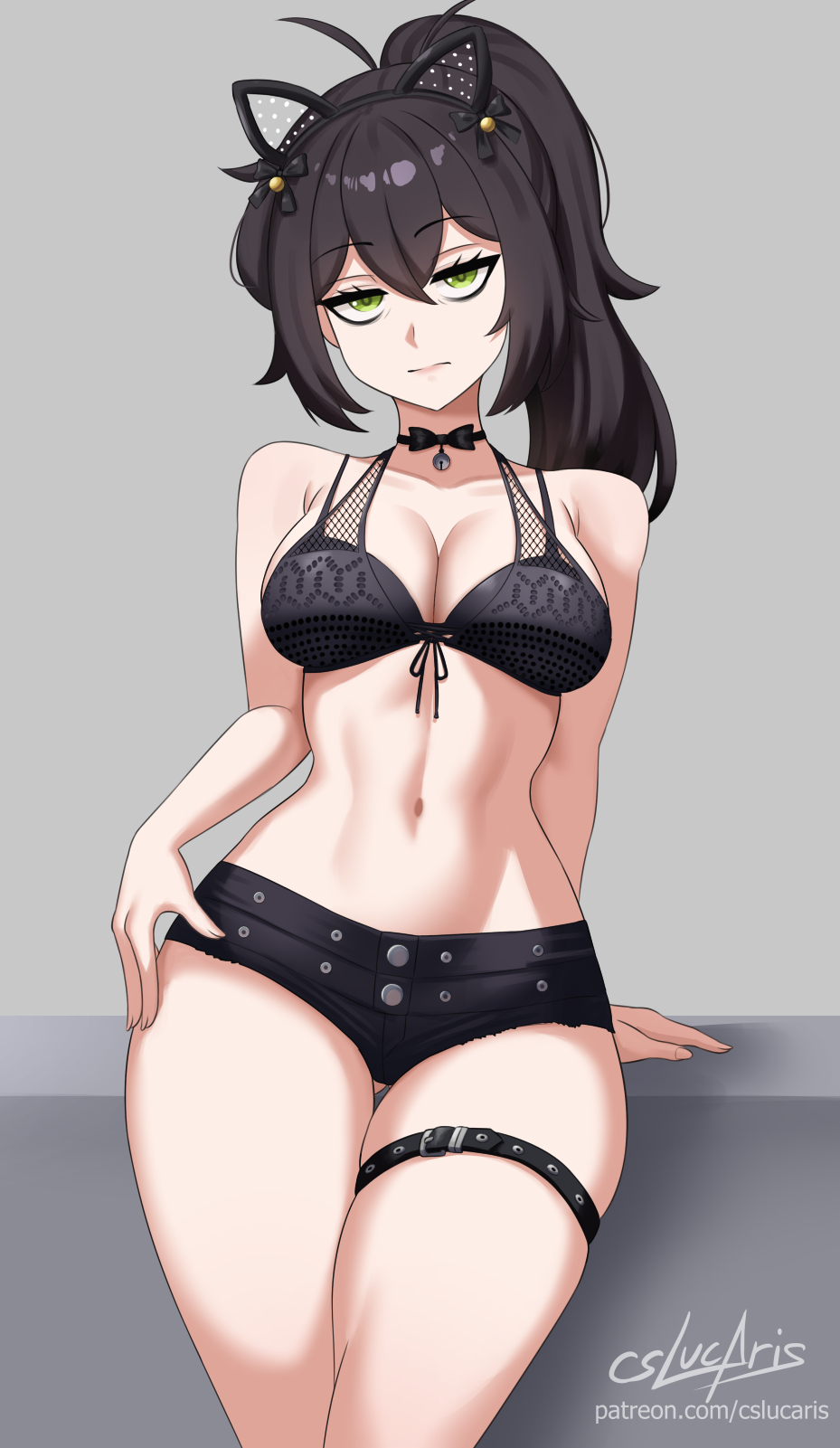 2025, animal ear hairband, artist name, black hair, breasts, cat ears, cleavage, cslucaris, fake animal ears, female, green eyes, light skin, light-skinned female, lingerie, looking at viewer, medium breasts, milf, navel, ponytail, renee graves, short shorts, shorts, the coffin of andy and leyley, watermark