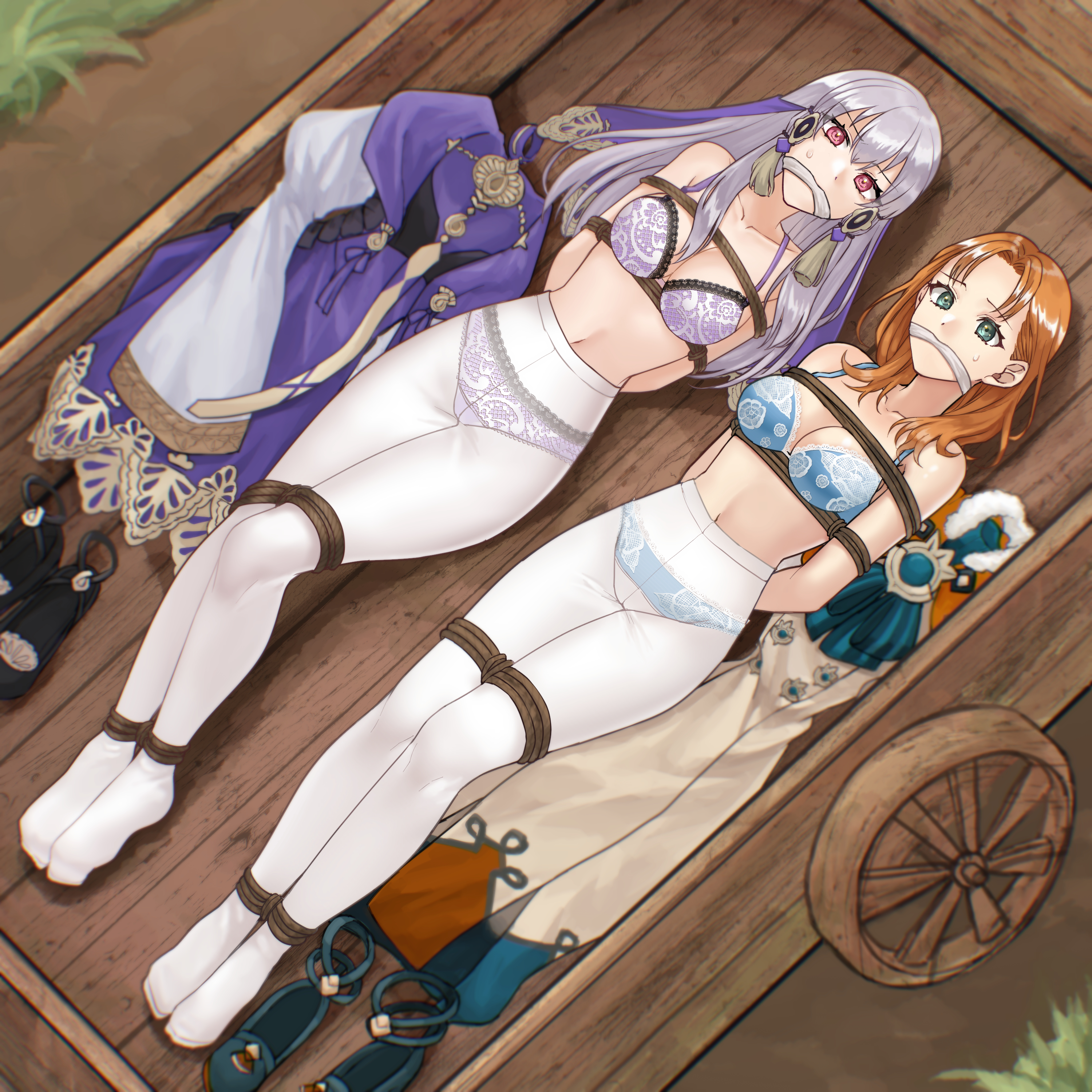 abducted, abduction, annette fantine dominic, bondage, bound, captured, captured and gagged, captured female, captured heroine, carriage, cart, cleave gag, cloth gag, fire emblem, fire emblem: three houses, gag, gagged, kidnap, kidnapped, lysithea von ordelia, orange hair, removed clothing, slave, slave girl, slave raid, thighhighs, tied up, underwear, wagon, white hair, white thighhighs