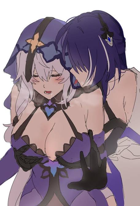 acheron (honkai: star rail), black swan (honkai: star rail), breast grab, breast squeeze, breasts, breath, breath cloud, breathing, breathing heavily, female, honkai: star rail, hoyoverse, kiss on lips, kissing, lesbian couple, lesbian kiss, saliva, saliva on face, saliva on tongue, saliva trail, yuri