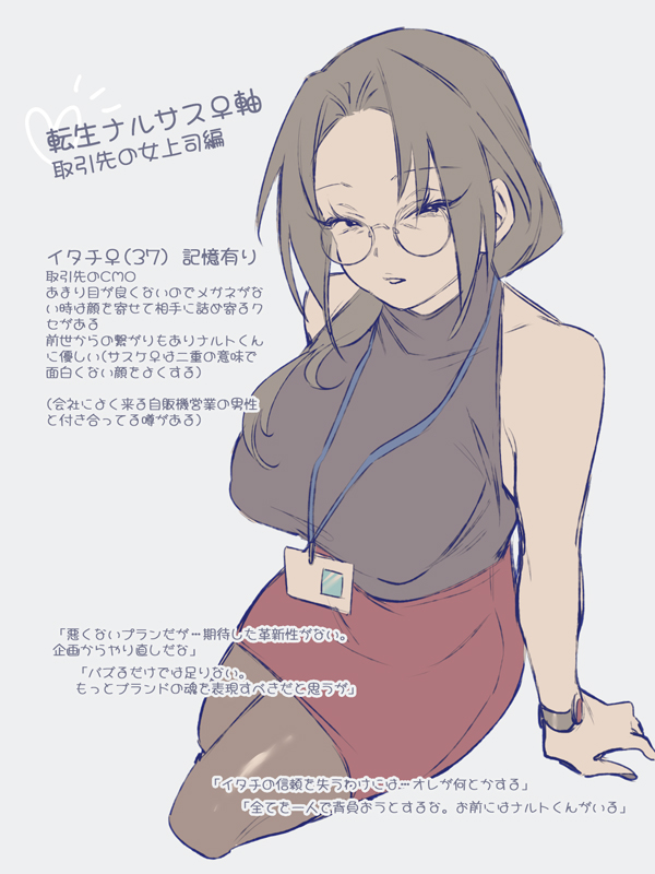 1girls, alternate universe, badge, bare arms, bare shoulders, black eyes, black hair, black nail polish, black nails, clothed, clothing, curvaceous, curves, curvy, curvy body, curvy female, curvy figure, curvy hips, female, female focus, female only, fully clothed, gender transformation, genderswap, genderswap (mtf), glasses, h sketch1t, hi res, high resolution, highres, hips, id card, jewelry, legwear, light skin, light-skinned female, looking at viewer, mature, mature female, milf, miniskirt, mommy, mommy kink, nail polish, name badge, narrowed eyes, naruto, naruto (classic), naruto (series), naruto shippuden, painted nails, pale skin, pale-skinned female, pantyhose, roleplay, rule 63, shonen jump, shounen jump, shueisha, sitting, skirt, sleeveless, sleeveless shirt, solo, solo female, solo focus, tank top, teacher, teacher outfit, text, thick thighs, thighs, transformation, translation request, uchiha itachi, voluptuous, voluptuous female, weekly shonen jump, weekly shounen jump, wide hips, wristwatch