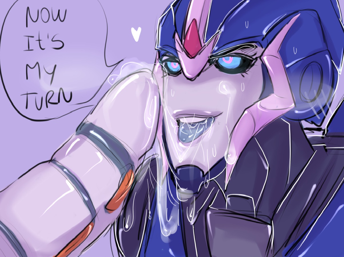 1boy, 1girls, arcee, arcee (prime), blue eyes, cum, cum in mouth, cum on face, dialogue, dialogue box, dick on face, female, heart, male, mechanical penis, penis, pink eyes, robot, robot girl, straight, sweat, transformers, transformers prime
