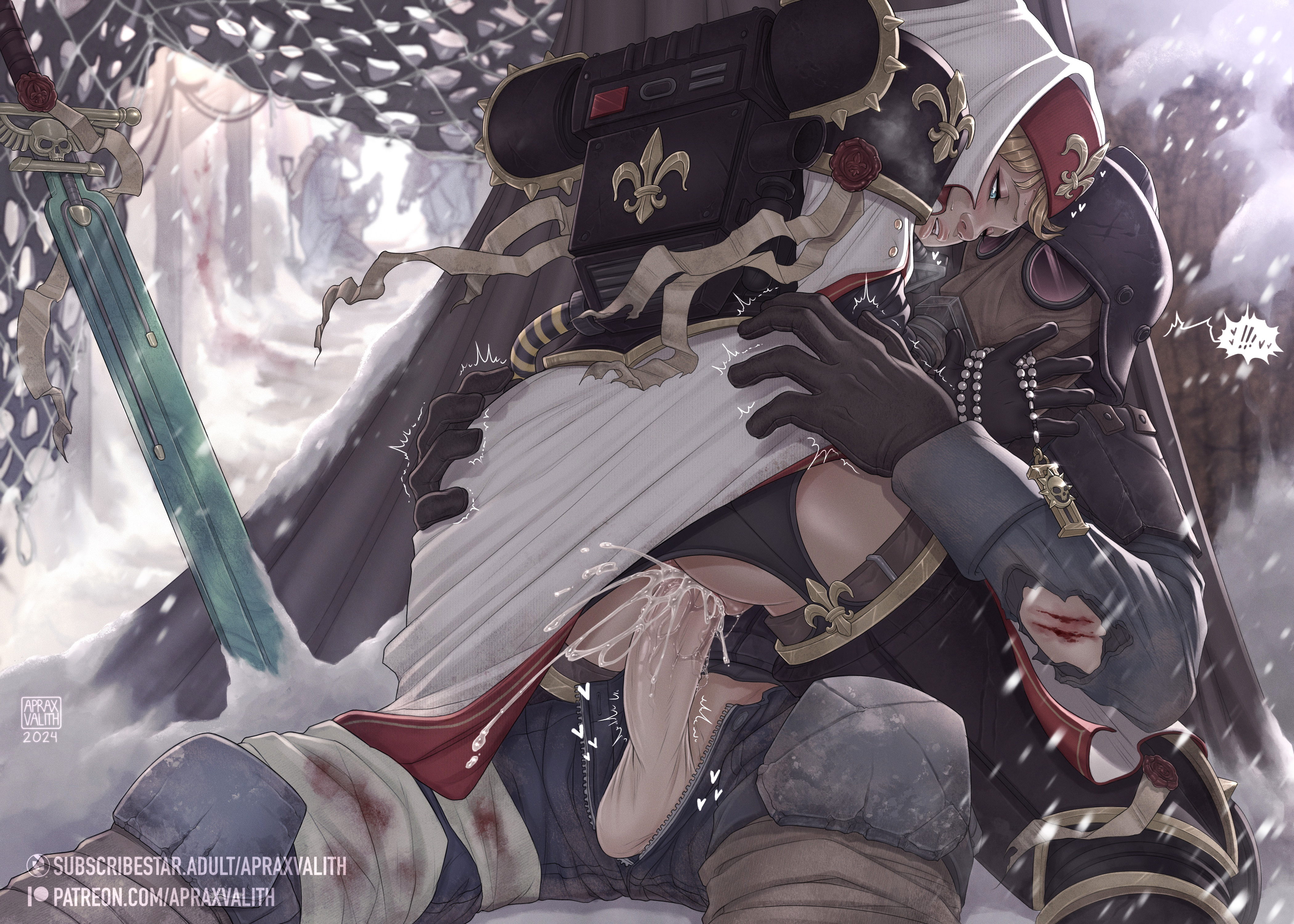 1girls, 3boys, adepta sororitas, alternate version at source, alternate version available, aprax valith, aroused, ass, ass grab, astra militarum, background, big ass, big thighs, blush, bubble butt, caressing, clothed, clothed female, clothed male, clothed sex, cowgirl position, creampie, cum, cum drip, cum in pussy, cum inside, cumming, cumming in pussy, cumming inside, cumming together, cumming while penetrating, cumshot, death korps of krieg, dominant, dominant male, domination, ejaculating, ejaculating cum, ejaculating while penetrated, ejaculation, ejaculation while penetrated, embrace, embracing, embracing another, embracing each other, fat ass, female, female focus, female on top, female penetrated, femsub, fucked into submission, fucked senseless, fucked silly, gentle, grabbing, grabbing ass, grope, groping, groping ass, guardsman (warhammer 40k), holding partner, imperial guard, imperium of man, large penis, light skin, light-skinned female, looking pleasured, male, male penetrating, male penetrating female, male/female, maledom, mask, masked, masked male, no panties, orgasm, panties aside, panties removed, passionate, penis, penis in pussy, penis out, power armor, power armor (warhammer), purity seal, pussy, pussy juice, pussy juice drip, pussy juice string, pussy juice trail, riding, riding cock, riding penis, rosary, rough sex, semen, semen in vagina, sensual, sex, shaved crotch, shaved pussy, sister hospitaler, sister of battle, snow, snowing, softcore, speed lines, straddling, straight, straight sex, submission, submissive, submissive female, sword, temperature play, thick ass, thick legs, thick thighs, thigh boots, thighhighs, thrust lines, vagina, vaginal creampie, vaginal fluids, vaginal insertion, vaginal juices, vaginal penetration, vaginal sex, warhammer (franchise), warhammer 40k, wet pussy, wounded