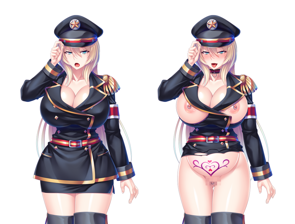 1girls, angry, bedroom eyes, before and after, blue eyes, breasts, breasts out, brown hair, censored, cleavage, clit piercing, clitoris, clitoris piercing, collar, enslaved, female, female only, functionally nude, game cg, happy, horny, horny female, huge breasts, light-skinned female, looking at viewer, miel, miel (company), military hat, military uniform, miniskirt, nipple piercing, nipple rings, nose piercing, open clothes, piercing, pregnant, pregnant belly, pregnant female, pubic tattoo, pussy, shirtless sleeves, slave, submissive female, t-28, tattoo, thighhighs, tongue out, torn clothes, torn clothing, transparent background