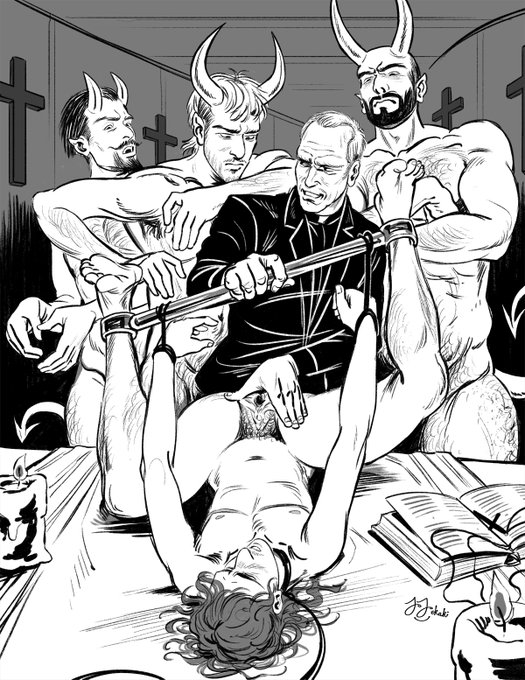 christianity, cuntboy, demon, devil, examination, for sale, gay, intersex, jojoekaki, kinktober, kinktober 2023, leash and collar, male, presenting, presenting pussy, priest, pussy, religious clothing, sacrifice, spread legs, spread pussy, spreader bar, trans man, yaoi