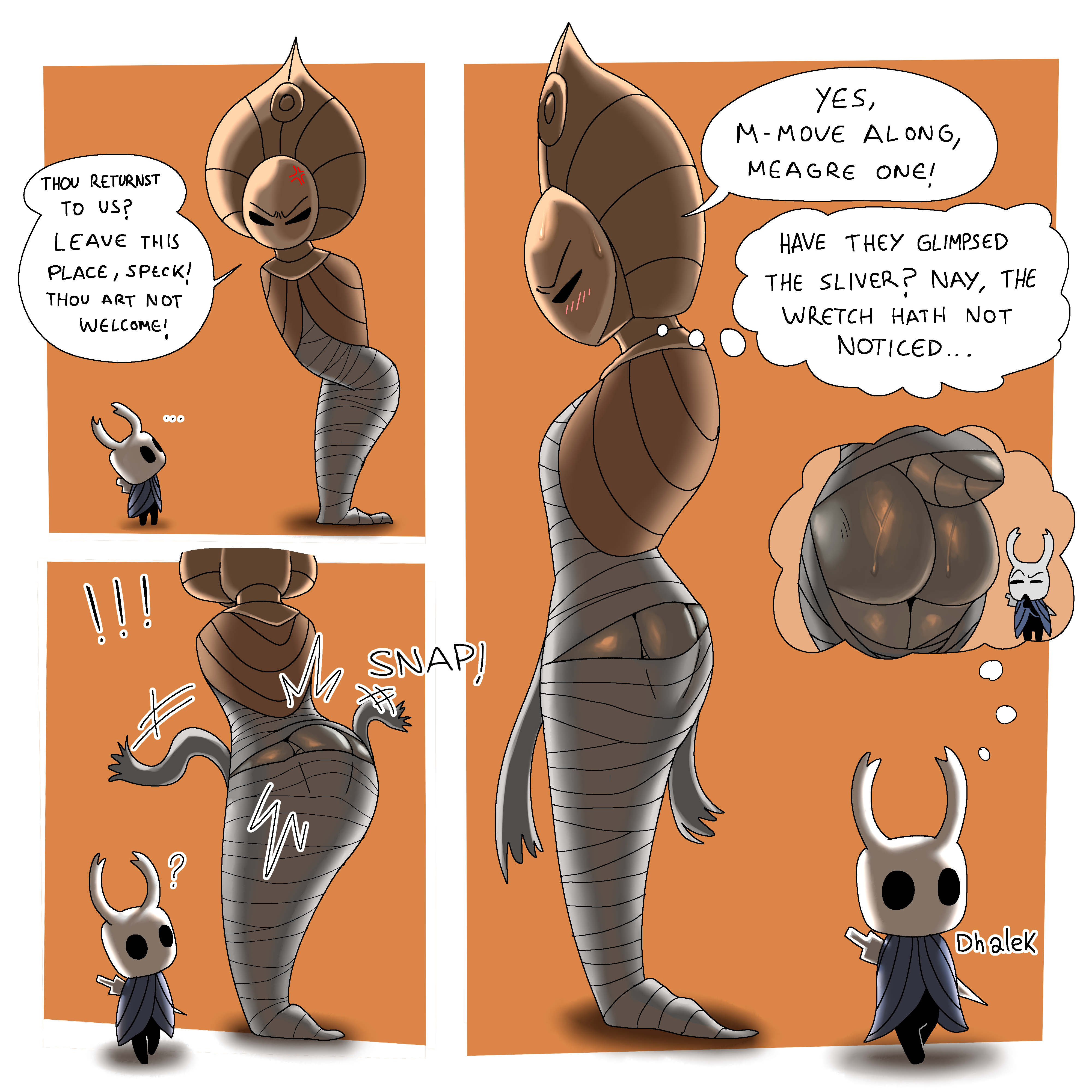 absurd res, accident, accidental exposure, ambiguous gender, angry, anthro, arthropod, arthropod abdomen, ass, bent over, big ass, big butt, black body, black eyes, blush, bodily fluids, bound, cloak, clothed, clothing, cross-popping vein, dhalek, duo, english text, eyebrowless, female, frown, glistening, glistening body, godseeker, hi res, hollow knight, horn, huge ass, huge butt, humanoid, insects, mask, simple background, size difference, solid eyes, sweat, sweatdrop, team cherry, text, the knight (hollow knight), torn clothing, vessel (species)