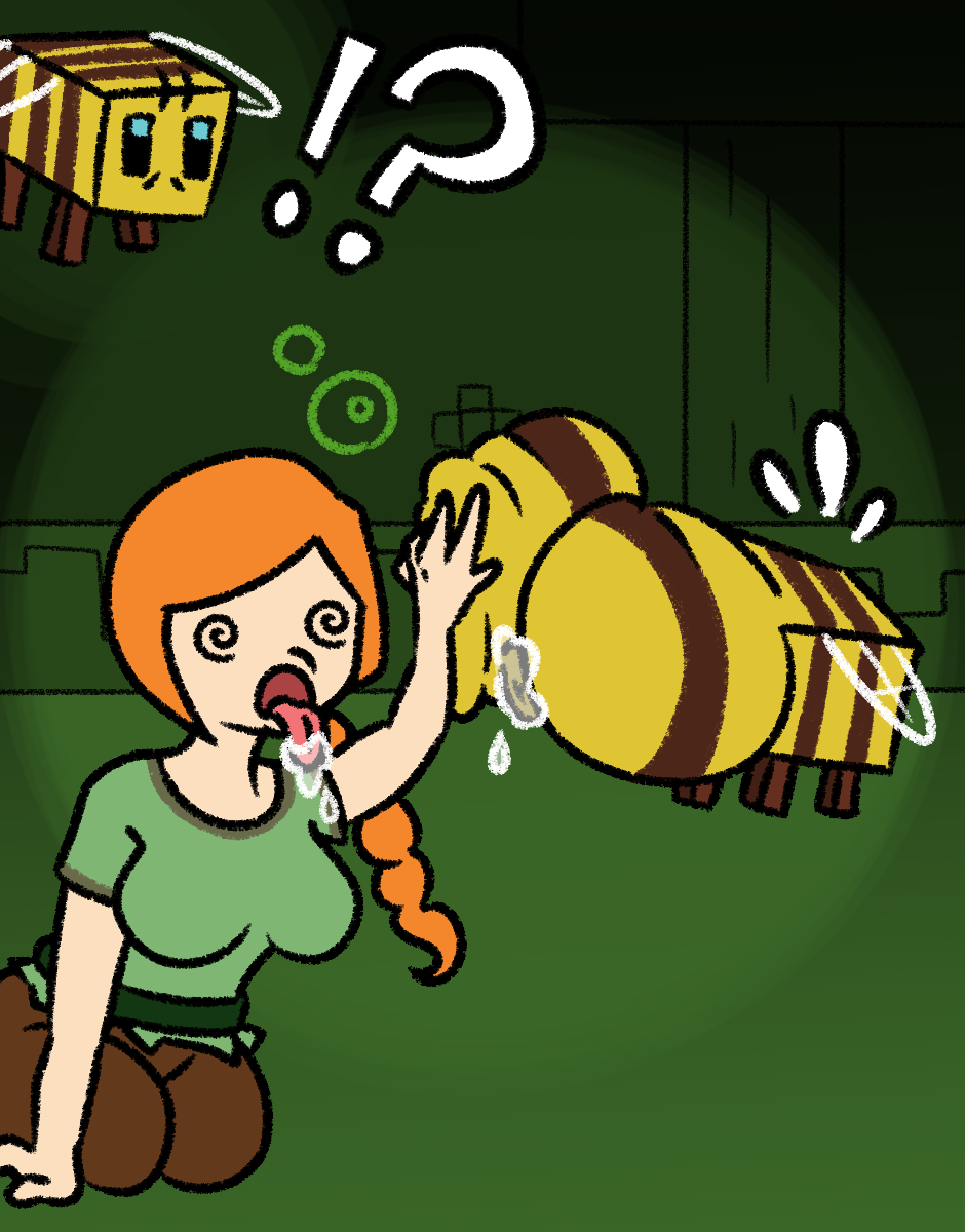 2animals, alex (minecraft), ass, bee, bee (minecraft), big ass, big butt, clothed, clothed female, female, green background, implied rimming, minecraft, minecraft mob, orange hair, rimjob, rimming, saliva, side braid, status effect, swirly eyes, vanveleca, zoophilia