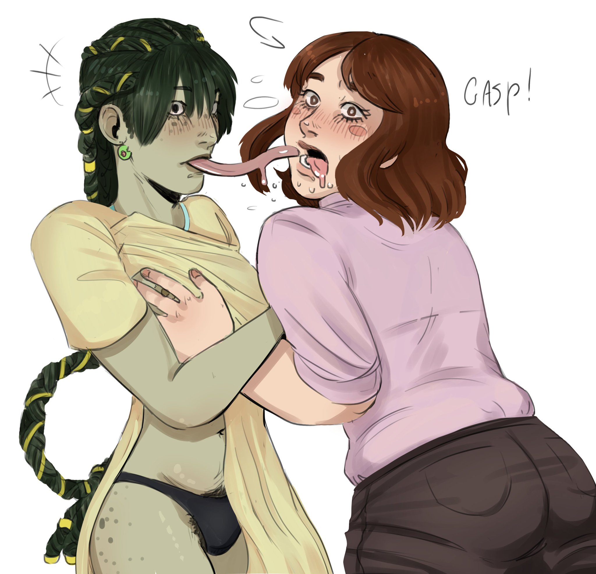 2girls, asui tsuyu, boku no hero academia, breasts, brown hair, bush, caught, caught in the act, clothed, female, female/female, fondling, fondling breast, frog girl, grabbing breasts, green hair, green skin, kissing, loggyburger, long tongue, my hero academia, ochako uraraka, panties, spots, tsuyu asui, uraraka ochako, yuri