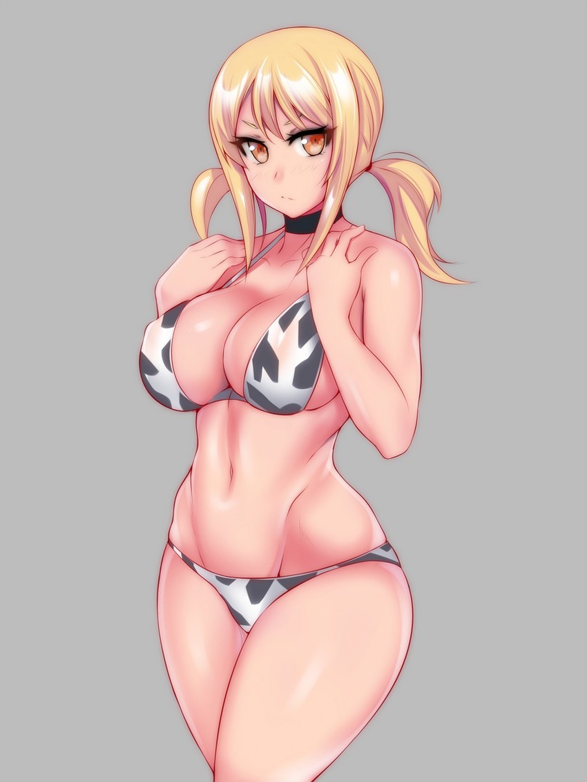 1girls animal_print bikini black_choker blonde_hair breasts choker cleavage closed_mouth cow_print cowboy_shot curvy fairy_tail groin halter_top halterneck hevn large_breasts looking_at_viewer low_twintails lucy_heartfilia navel print_bikini solo stomach swimsuit twintails v-shaped_eyebrows yellow_eyes