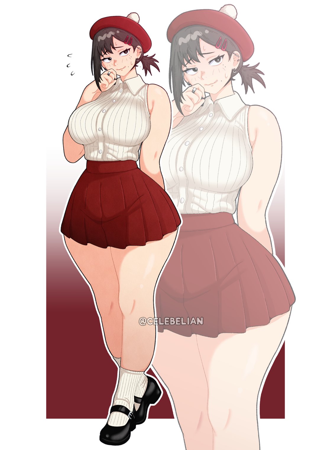 1girls, alternate costume, asymmetrical hair, averting eyes, bare shoulders, beret, black eyes, black hair, blush, breasts, buttons, celebelian, chainsaw man, collared shirt, ear piercing, embarrassed, female, female only, flying sweatdrops, gradient background, hair ornament, hairclip, hand on own cheek, hand on own face, hat, higashiyama kobeni, highres, jewelry, large breasts, light blush, mary janes, mole, mole under eye, multiple moles, nose blush, piercing, pleated skirt, pom pom (clothes), ponytail, red skirt, ring, shirt, shoes, short hair, skirt, sleeveless, sleeveless shirt, socks, striped clothes, striped shirt, sweat, vertical-striped clothes, vertical-striped shirt, white shirt, white socks, wide hips
