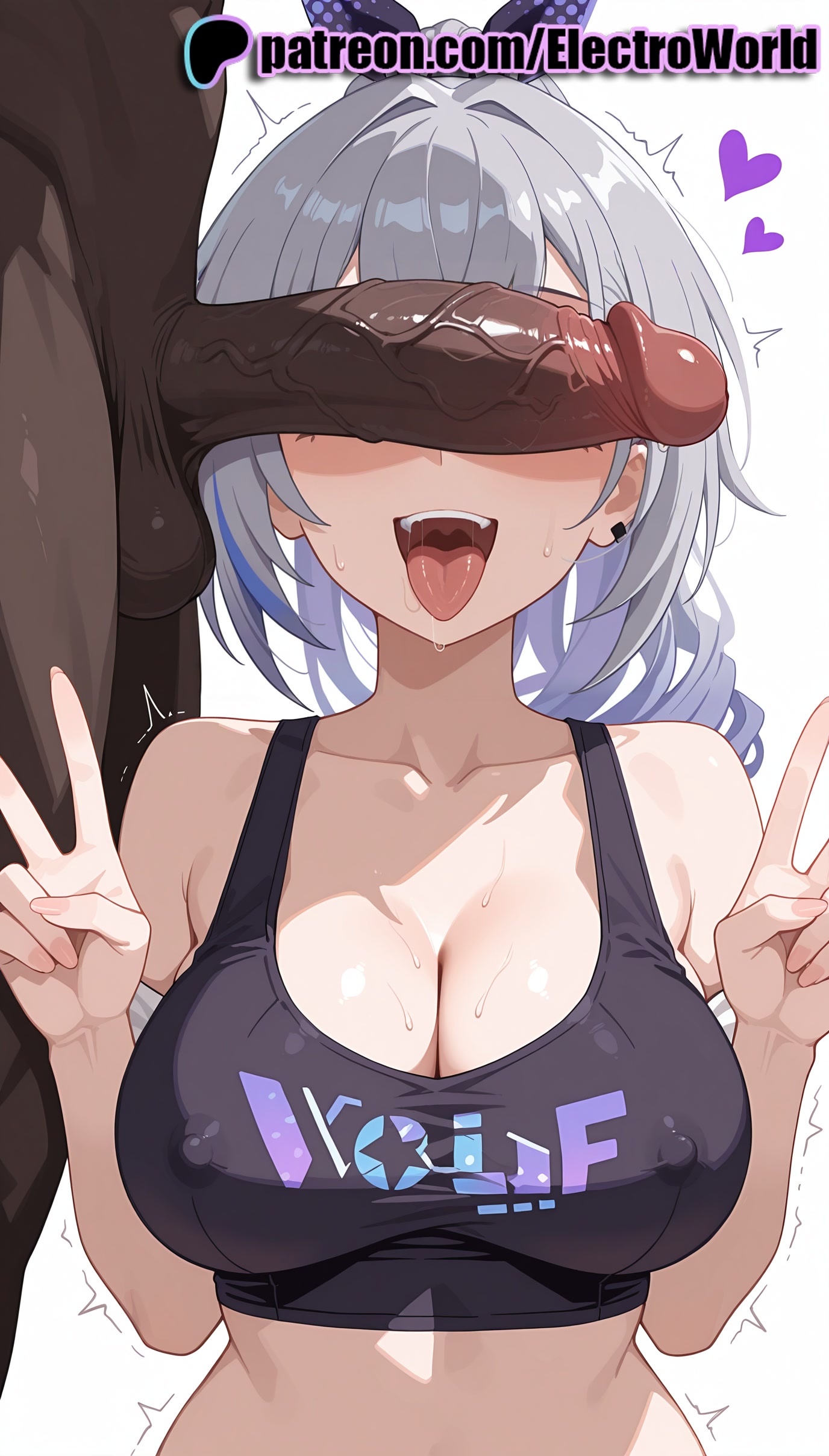 1boy, 1girls, 2025, ai generated, artist name, balls, big breasts, big chest, breasts, bust, busty, chest, cleavage, cock, covered nipples, dark skin, dark-skinned male, dick, earrings, electroworld, erection, female, hi res, high quality, high resolution, highres, honkai: star rail, huge cock, interracial, large breasts, large penis, male, mihoyo, open mouth, patreon, patreon username, penis, penis awe, penis on face, precum, saliva, silver wolf (honkai: star rail), stable diffusion, straight, testicles, tongue, tongue out, trembling, twitching penis, uncensored, v, veins, veiny penis, watermark
