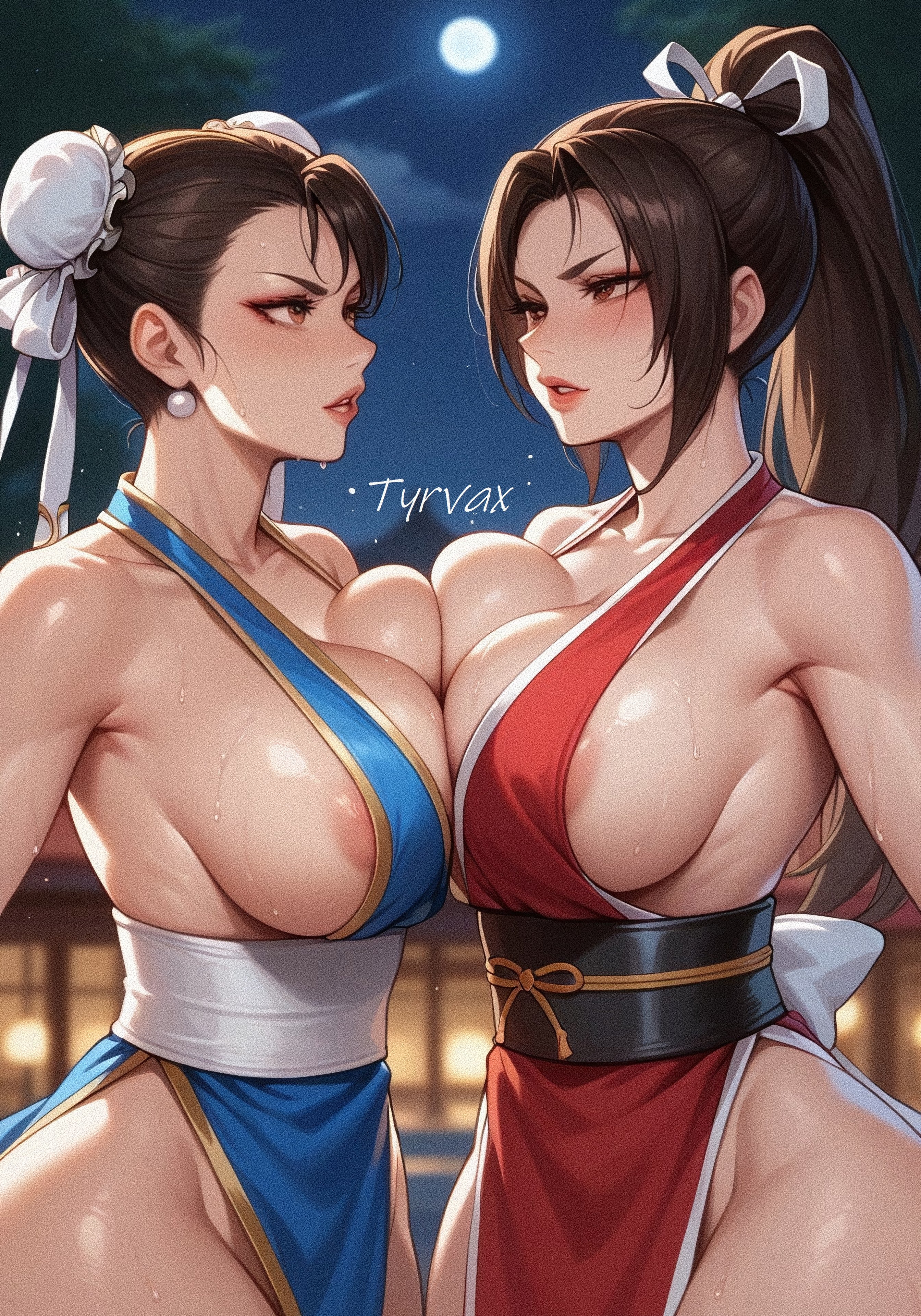 ai generated, asian, asian bimbo, asian female, asian milf, big breasts, breasts, catfight, chun-li, crossover, fatal fury, female, king of fighters, mai shiranui, paag, snk, street fighter, tyrvax