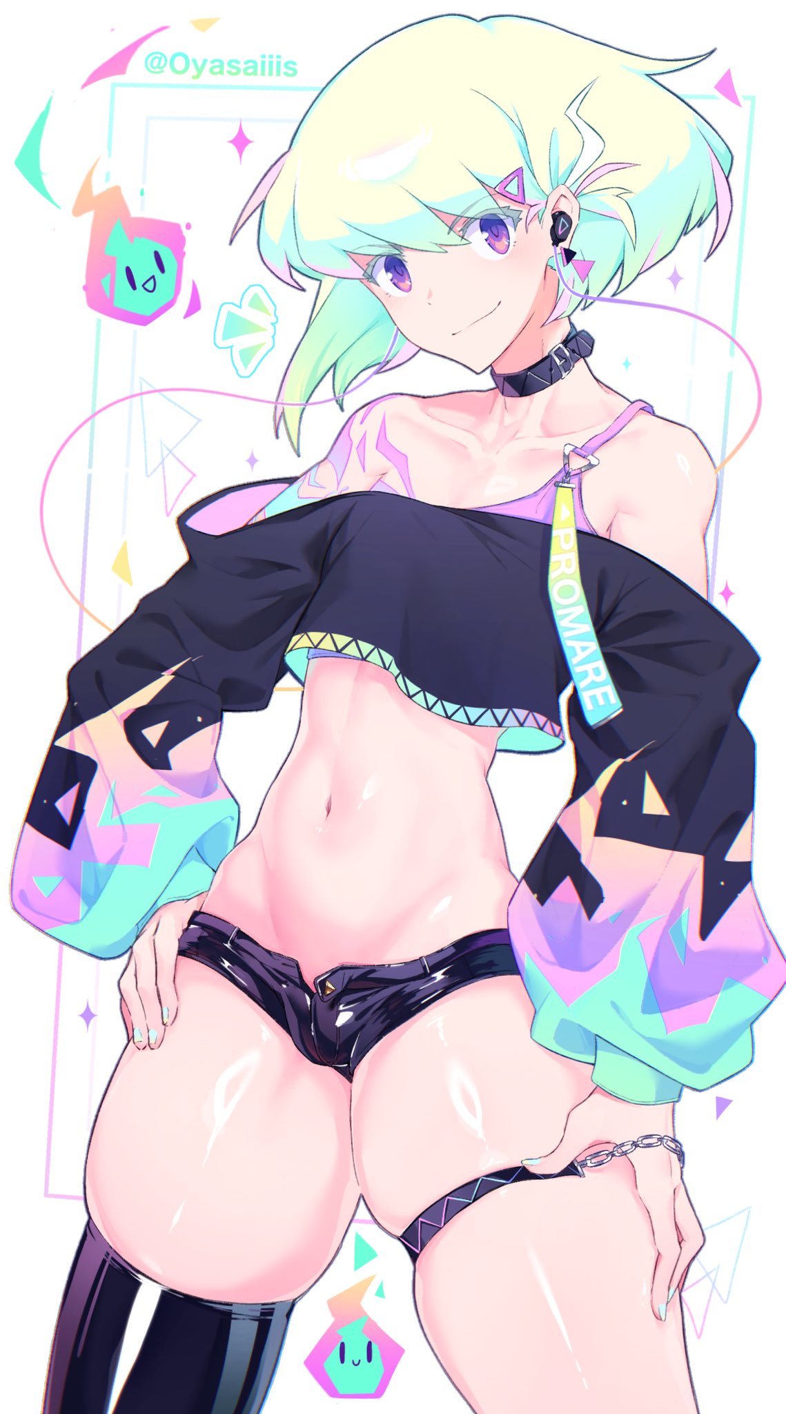 bra, bulge, clothing, collar, crossdressing, femboy, lio fotia, looking at viewer, male, midriff, oyasaiiis, promare, skinny, thick thighs, twink