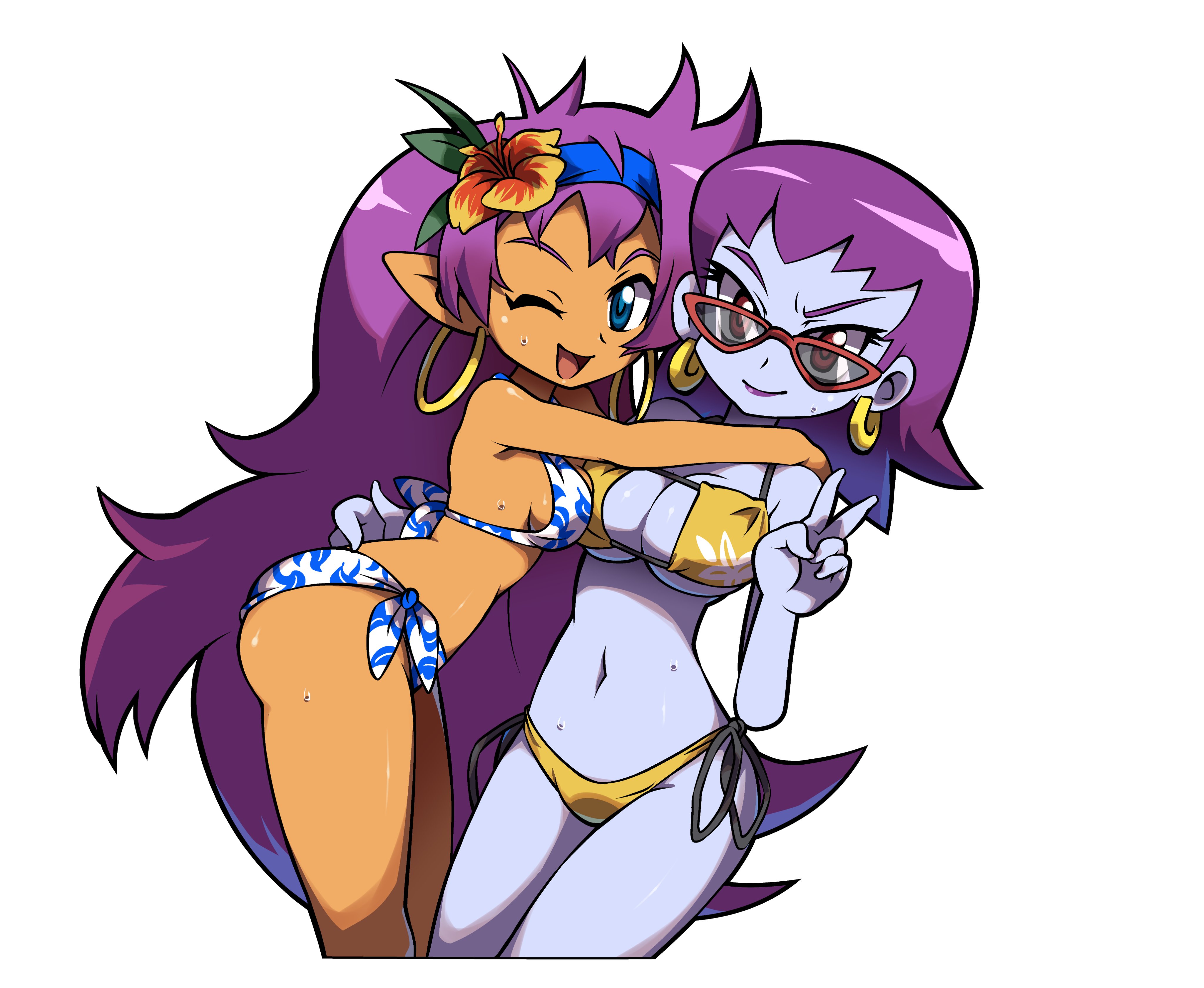 2girls, ass, asymmetrical docking, barely clothed, big breasts, bikini, blue eyes, breast press, breasts, cleavage, cute, dark skin, dark-skinned female, dutch angle, female, female only, fit female, flower in hair, genie, hoop earrings, hugging, long hair, looking at viewer, niyuyu, peace sign, pinup, pointy ears, purple body, purple hair, red eyes, risky boots, shantae, shantae (character), shantae and the pirate's curse, side hug, small breasts, smile, sunglasses, tied bikini, v, very long hair, wink