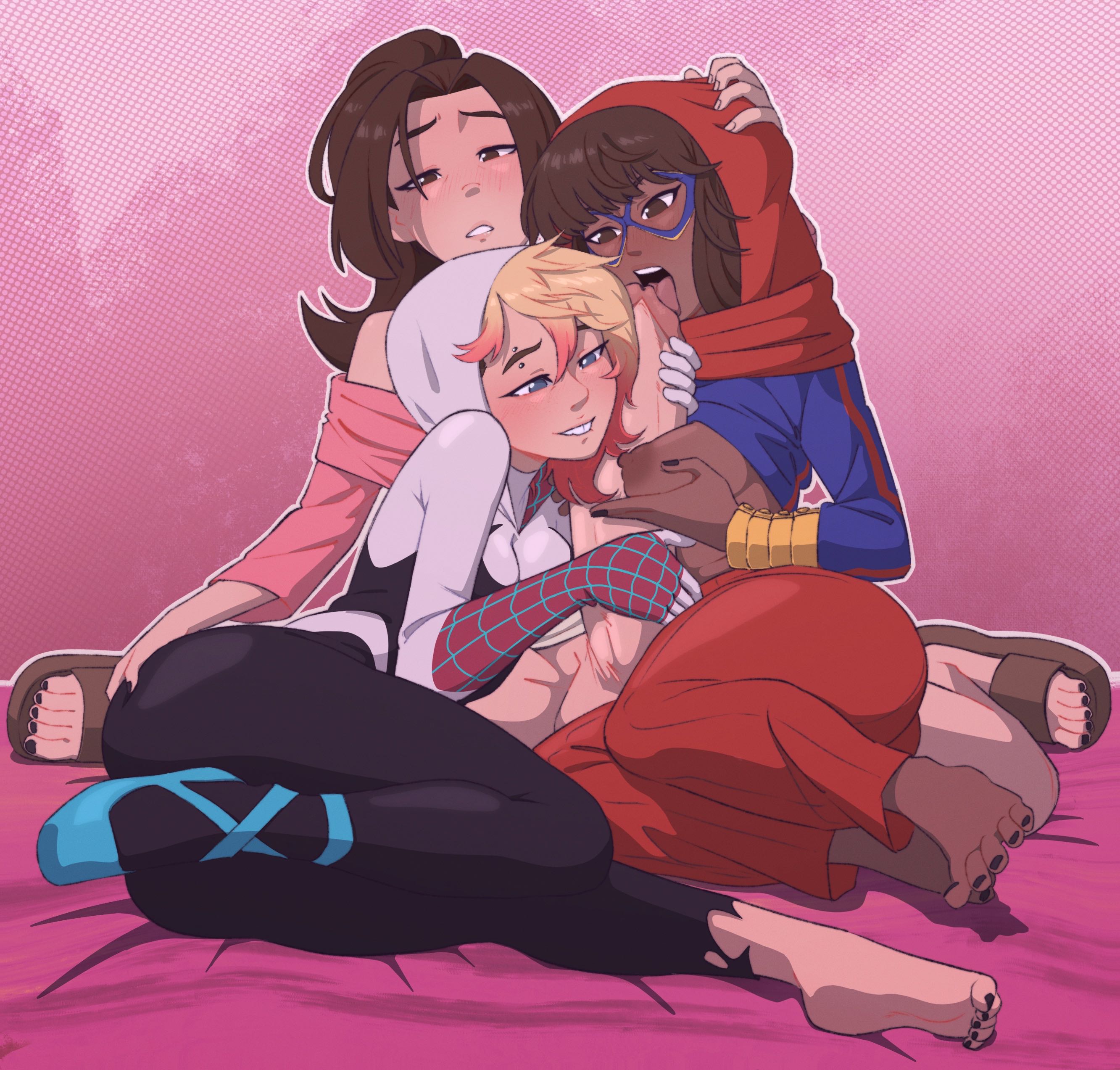 2d, 2d (artwork), ass, ass focus, ass grab, blonde female, blonde hair, blush, blushing, boobjob, breast grab, breasts, breasts out, buckteeth, cock worship, collaborative fellatio, color, colored, dark skin, dark-skinned female, double blowjob, double fellatio, feet, female, female on futa, futa on female, futanari, giant penis, gwen stacy, gwen stacy (spider-verse), handjob, imminent fellatio, imminent oral, intersex, kamala khan, kitty pryde, licking, licking penis, licking tip, marvel, marvel comics, mostly clothed, ms. marvel, nail polish, painted nails, paizuri, penis, pent up, pinksaber, shadowcat, sharing, small breasts, spider-gwen, submissive futa, superhero costume, superheroine, thick ass, thick thighs, threesome, throbbing penis, worship