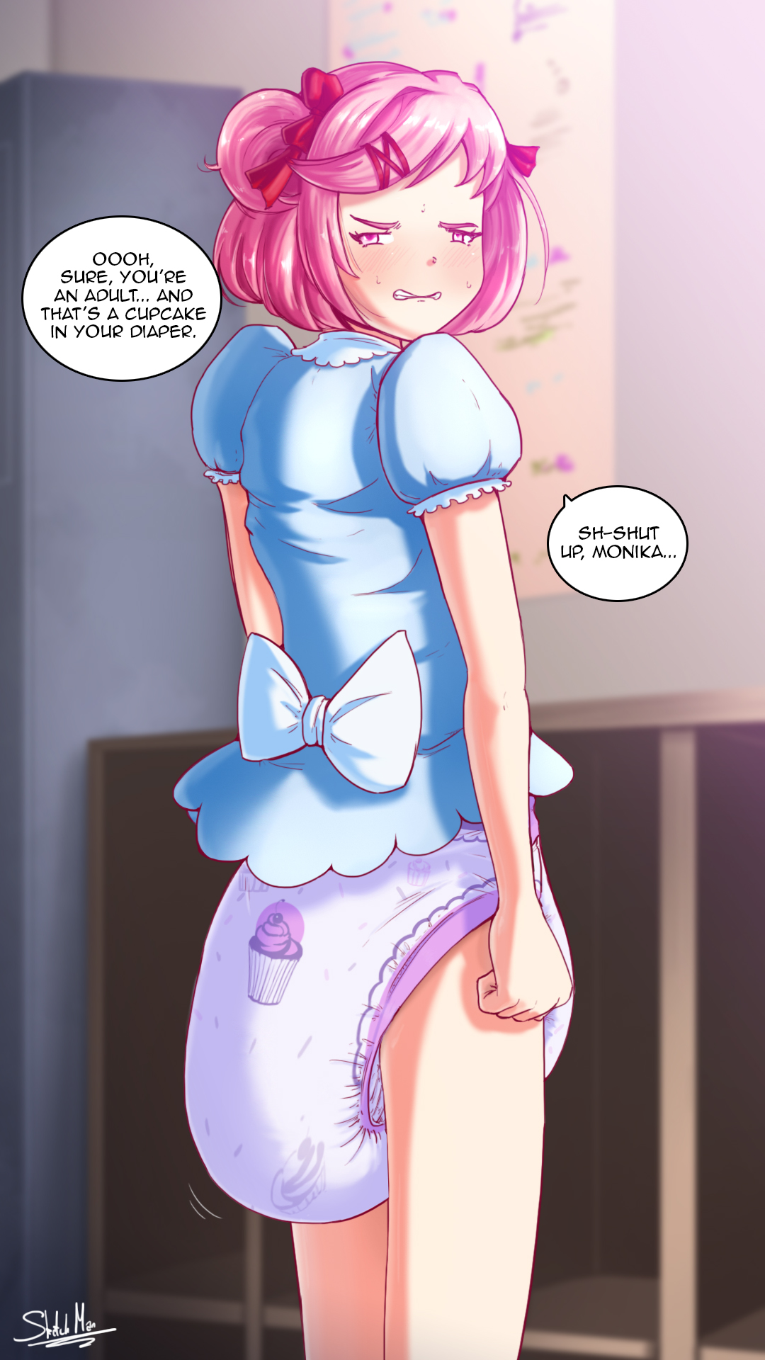 2girls, abdl, annoyed, bow, cute, diaper, diaper fetish, doki doki literature club, embarrassed, female, humiliation, messy diaper, monika (doki doki literature club), natsuki (doki doki literature club), offscreen character, pink hair, pooping, pushing hard, scat, sketchmandl, squinting, teasing, text