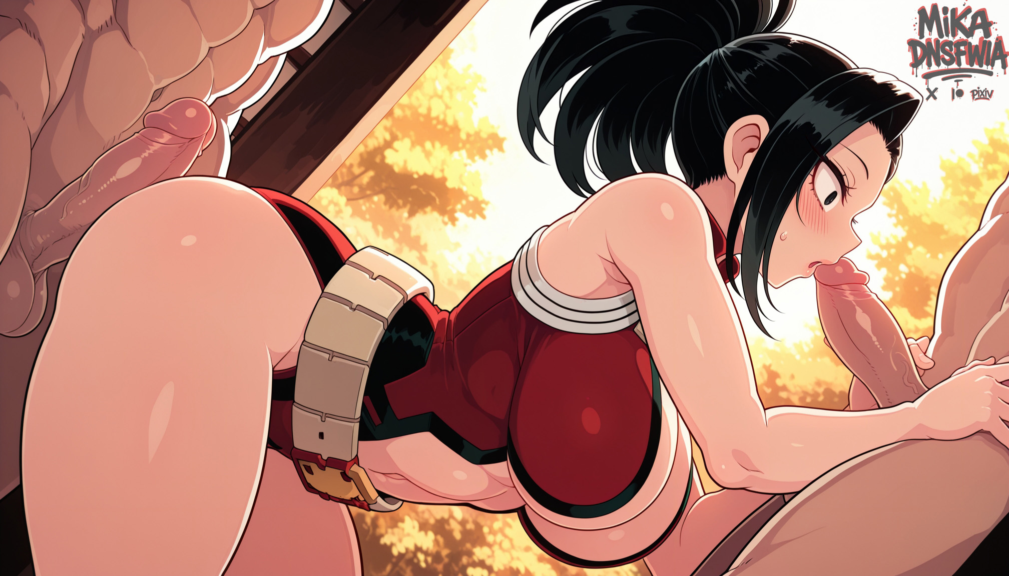 :o, 1girls, 2boys, ai generated, balls, belt skirt, black eyes, black hair, black-haired female, blurry, boku no hero academia, breasts, center opening, erection, female, from side, large breasts, large penis, lips, male, medium hair, mikadnsfwia, momo yaoyorozu, my hero academia, nude, parted lips, penis, ponytail, profile, red leotard, solo focus, superhero costume, surprised, testicles, threesome