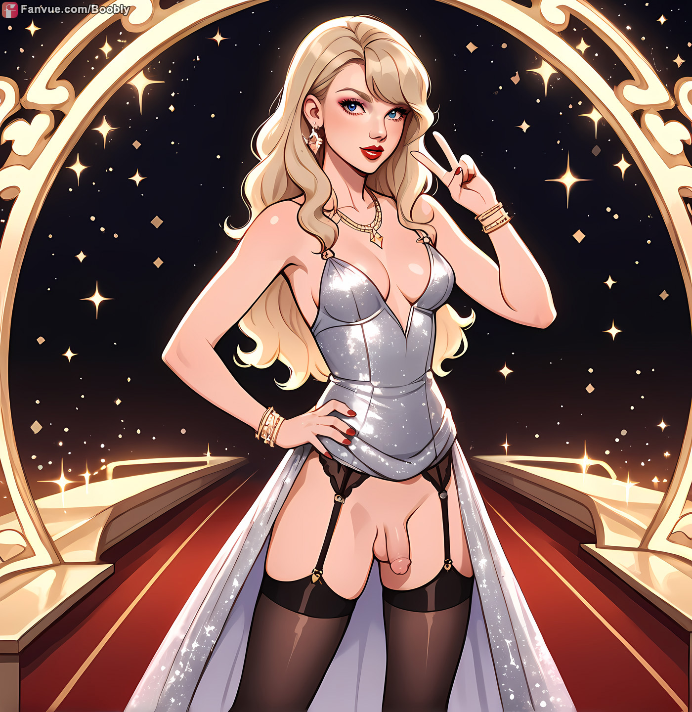 1futa, ai generated, blonde hair, blue eyes, boobly, breasts, celebrity, dress, dress lift, futanari, futanarization, garter belt, garter straps, glitter dress, intersex, medium breasts, no panties, peace sign, penis under dress, red carpet, rule 63, standing, stockings, taylor swift