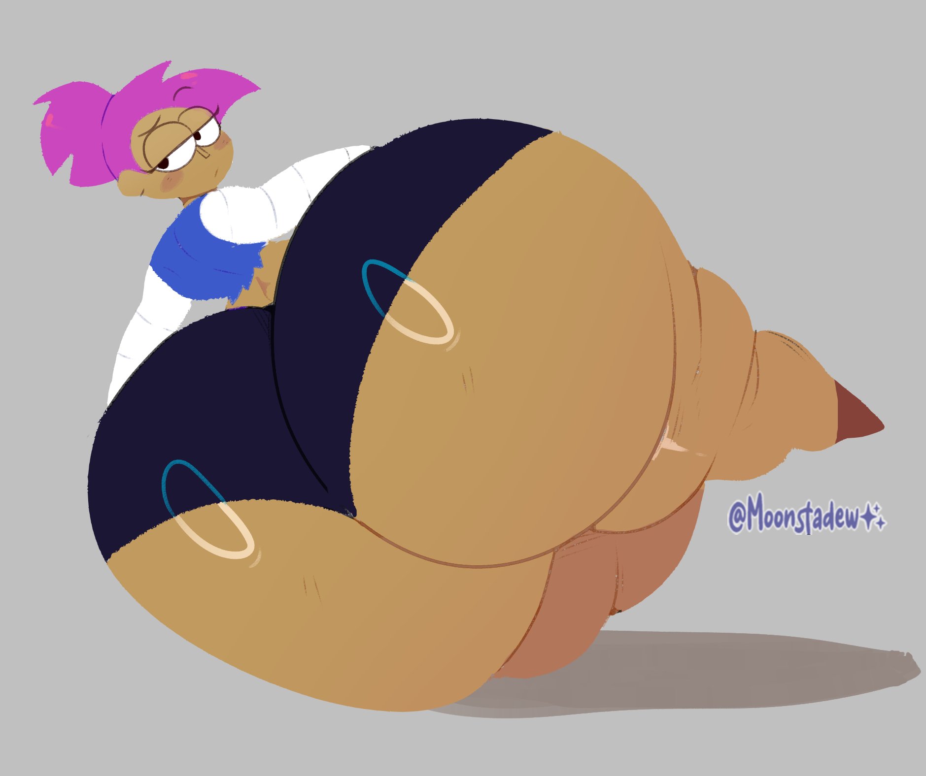 1girls, ass, ass bigger than head, ass bigger than torso, ass body, big ass, bottom heavy, breasts, breasts bigger than head, bubble ass, bubble butt, clothing, dark skin, dark-skinned female, enid, fat ass, female, female only, huge ass, hyper, hyper ass, large ass, looking at viewer, looking back, massive ass, moonraige, ok k.o.! let's be heroes, pink hair, shirt, shorts, solo, thick ass, thick thighs, thunder thighs