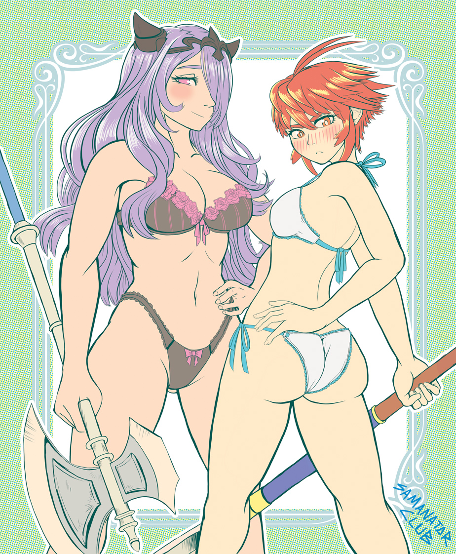2girls, ass, ass visible through thighs, back, bare legs, bare shoulders, bikini, breasts, camilla (fire emblem), cleavage, crown, female, fire emblem, fire emblem fates, frown, hand on hip, hinoka (fire emblem), long hair, midriff, nervous, purple eyes, purple hair, red eyes, red hair, samanator club, short hair, smile, swimsuit, thighs, tight fit