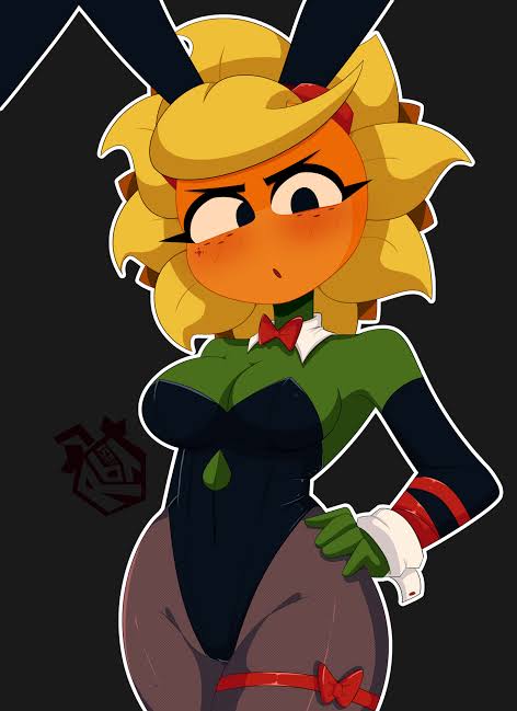 1girls, annoyed, bunny ears, bunnysuit, collar, female, fishnets, goggles, goggles on head, leotard, petals, plant, plants vs zombies, plants vs zombies: heroes, rbismut, ribbon, short hair, solar flare (pvz), solo, solo female, sunflower (pvz), tagme, thick thighs, wide hips, yellow hair
