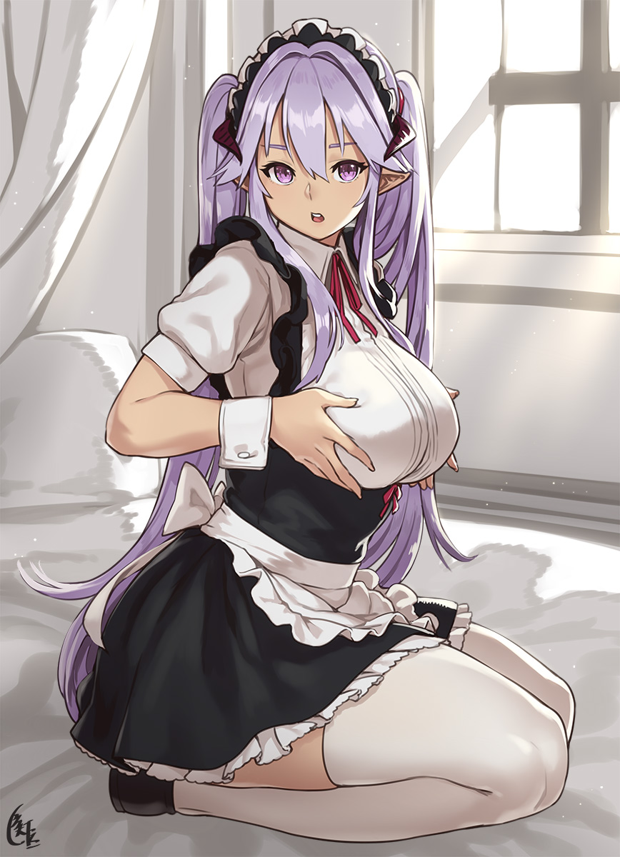 apron, black footwear, breast hold, breasts, female, female only, full body, hair between eyes, horns, houtengeki, indoors, large breasts, long hair, looking at viewer, maid, maid headdress, miniskirt, on bed, open mouth, original, pointy ears, purple eyes, purple hair, seiza, sitting, skirt, solo, thick thighs, thighhighs, thighs, twintails, underbust, very long hair, waist apron, white legwear, wrist cuffs, zettai ryouiki